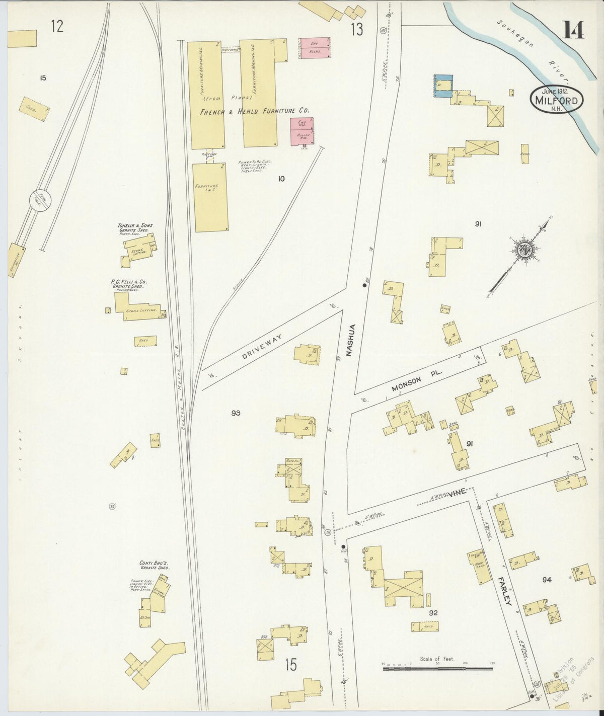 Sanborn Fire Insurance Map from Milford, Hillsborough County, New Hampshire (1912), Sheet #0014 - Historic Sanborn Fire Insurance Map Print, vintage old map wall art, antique decor, genealogy gift, New Hampshire New Hampshire map