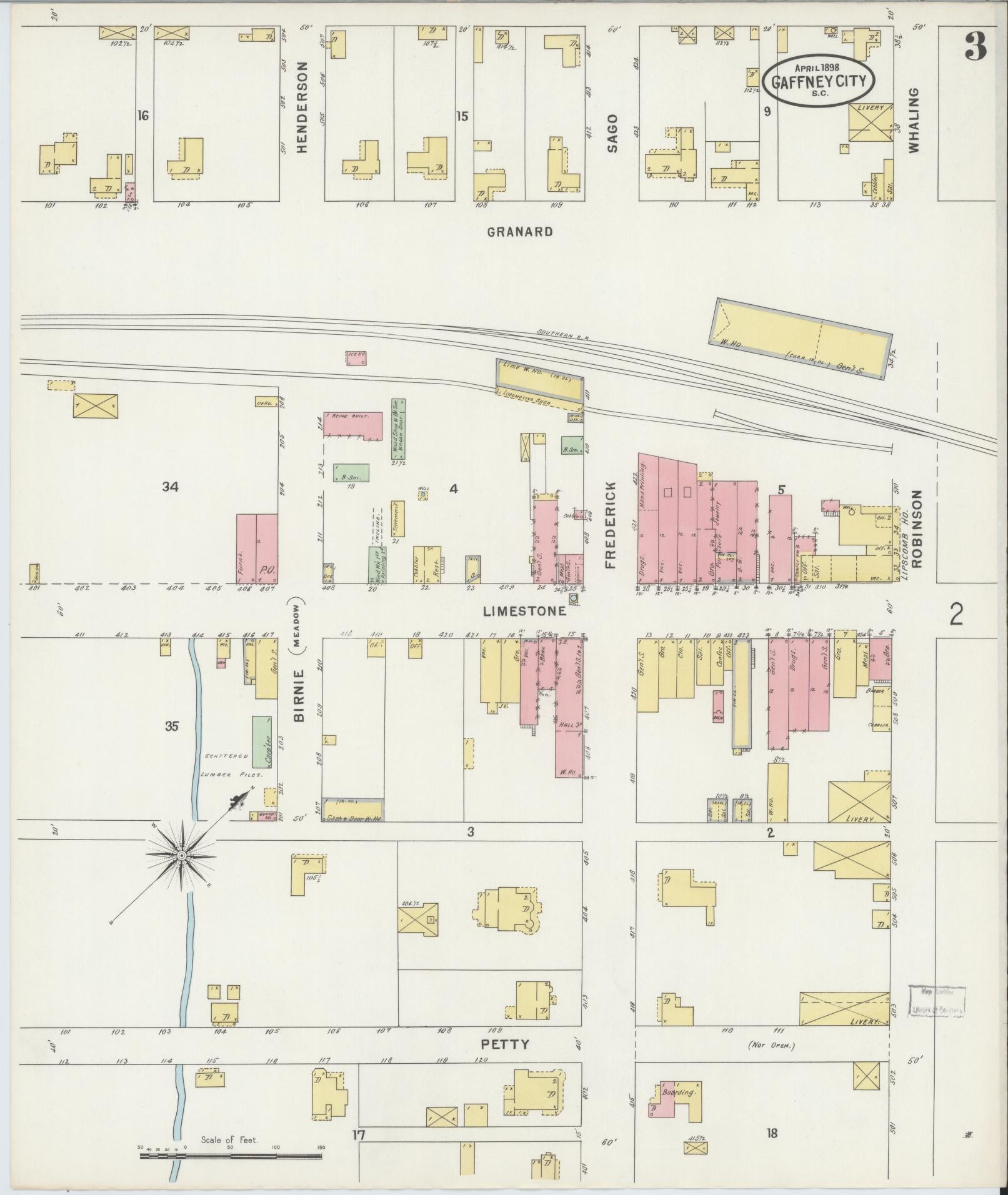 Sanborn Fire Insurance Map from Gaffney, Cherokee County, South Carolina (1898), Sheet #0003 - Historic Sanborn Fire Insurance Map Print, vintage old map wall art, antique decor, genealogy gift, South Carolina South Carolina map