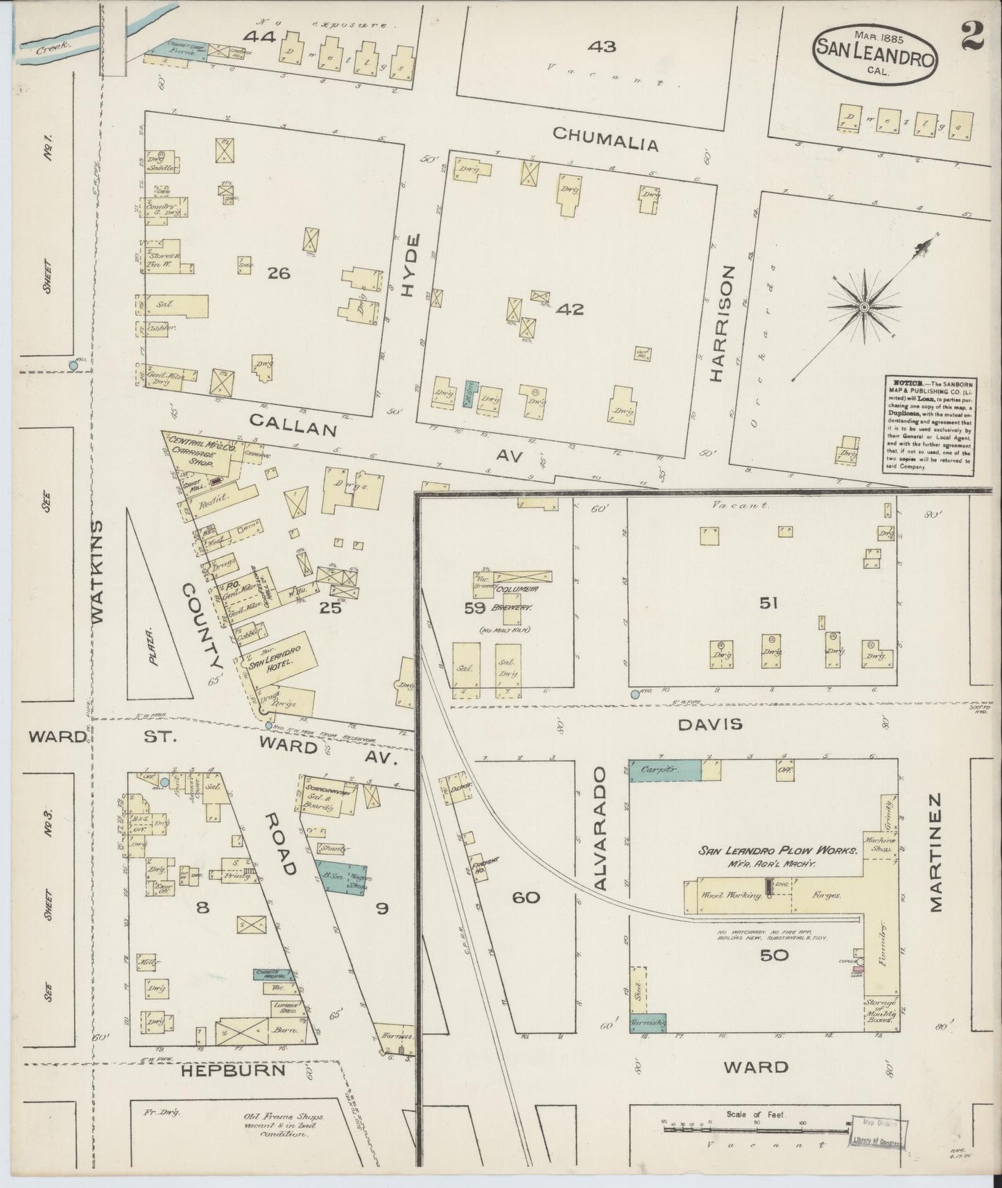 Sanborn Fire Insurance Map from San Leandro, Alameda County, California (1885), Sheet #0002 - Complete Map Set gallery image, historic Sanborn map, vintage wall art, California California
