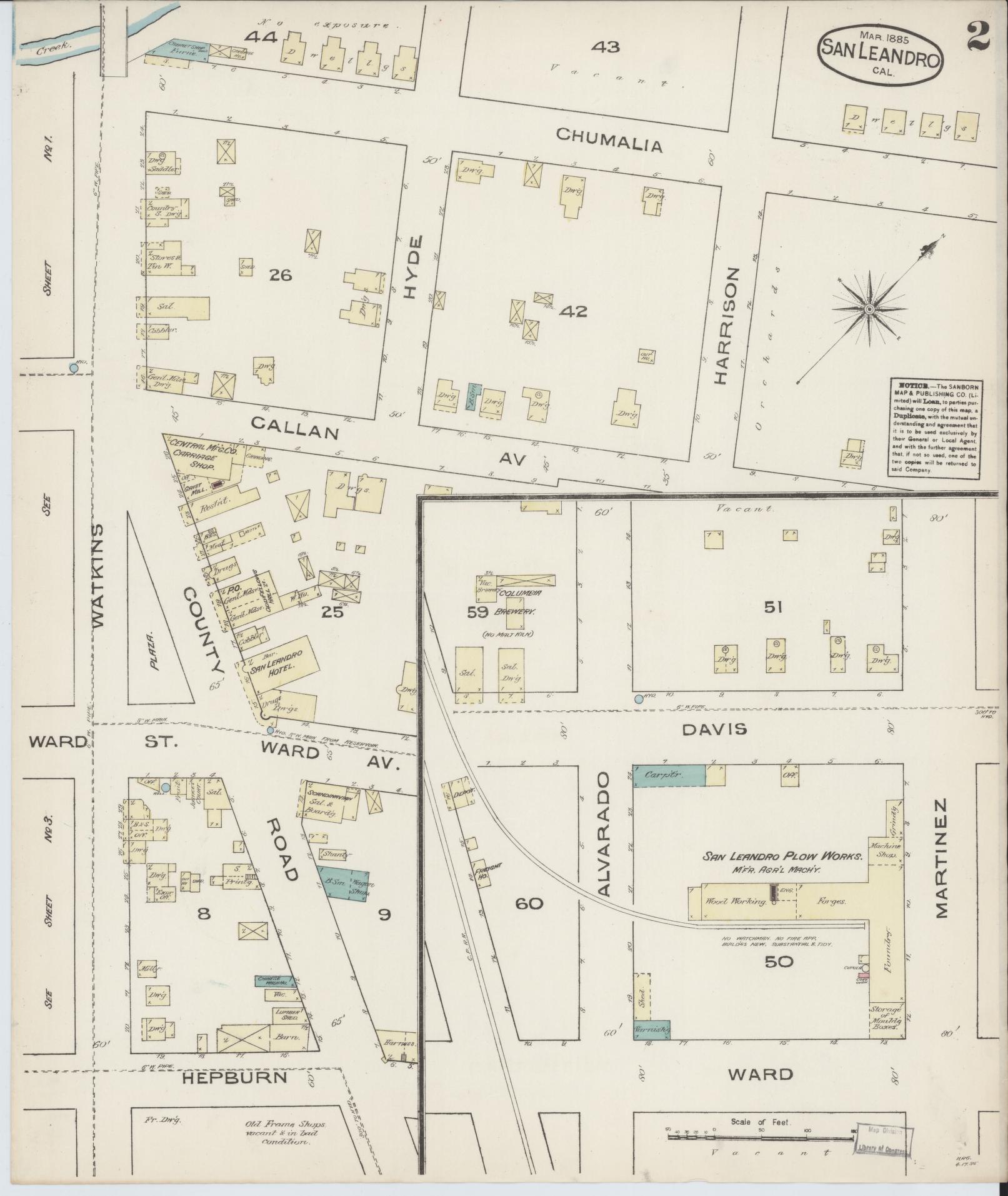 Sanborn Fire Insurance Map from San Leandro, Alameda County, California (1885), Sheet #0002 - Complete Map Set gallery image, historic Sanborn map, vintage wall art, California California
