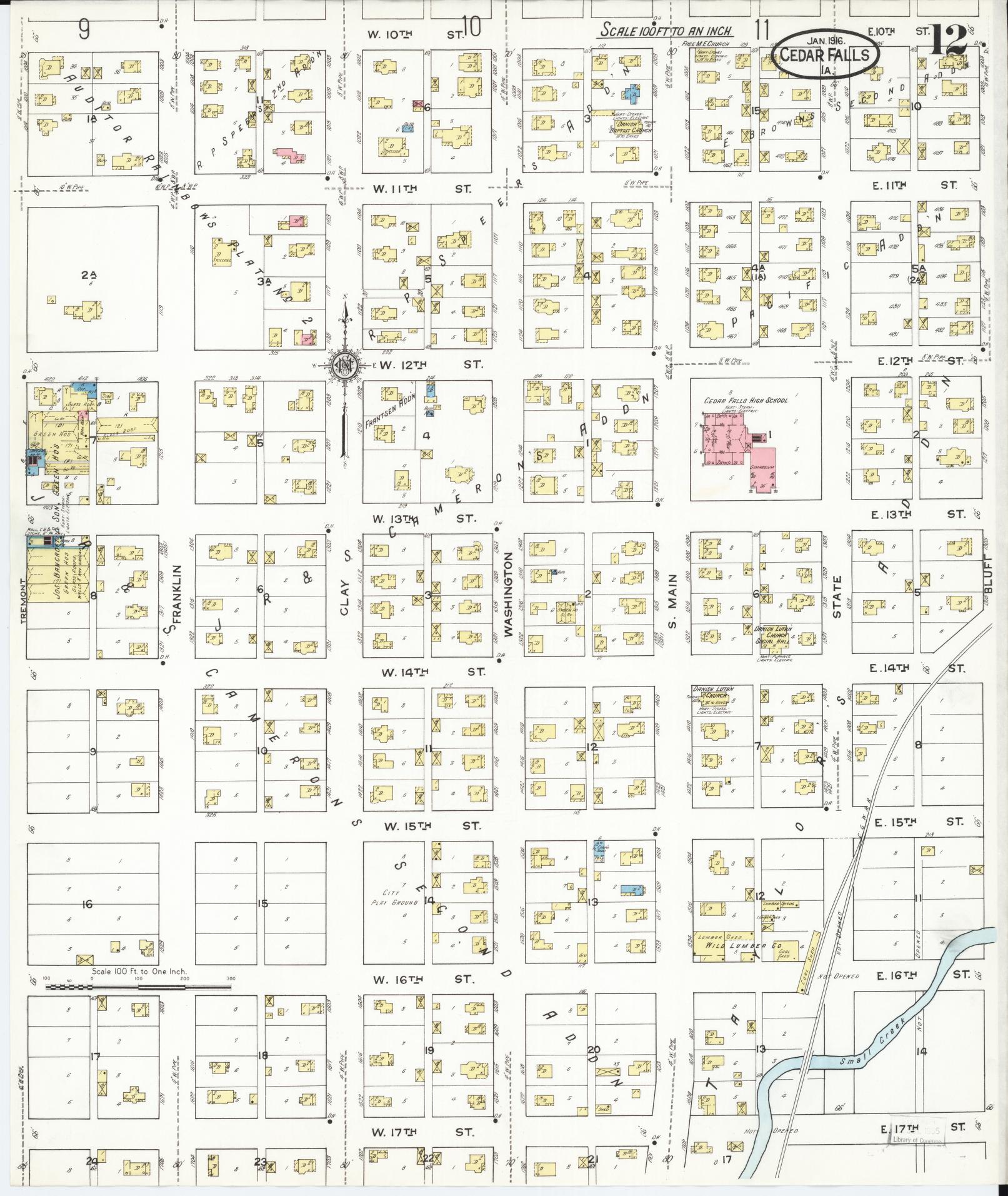 Sanborn Fire Insurance Map from Cedar Falls, Black Hawk County, Iowa (1916), Sheet #0012 - Historic Sanborn Fire Insurance Map Print, vintage old map wall art