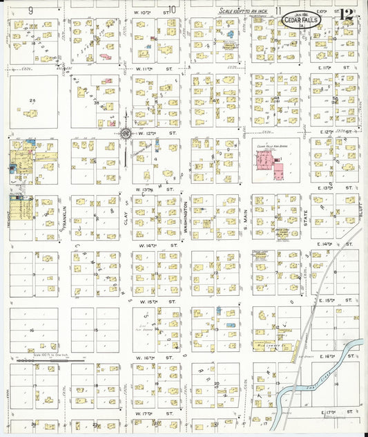 Sanborn Fire Insurance Map from Cedar Falls, Black Hawk County, Iowa (1916), Sheet #0012 - Historic Sanborn Fire Insurance Map Print, vintage old map wall art