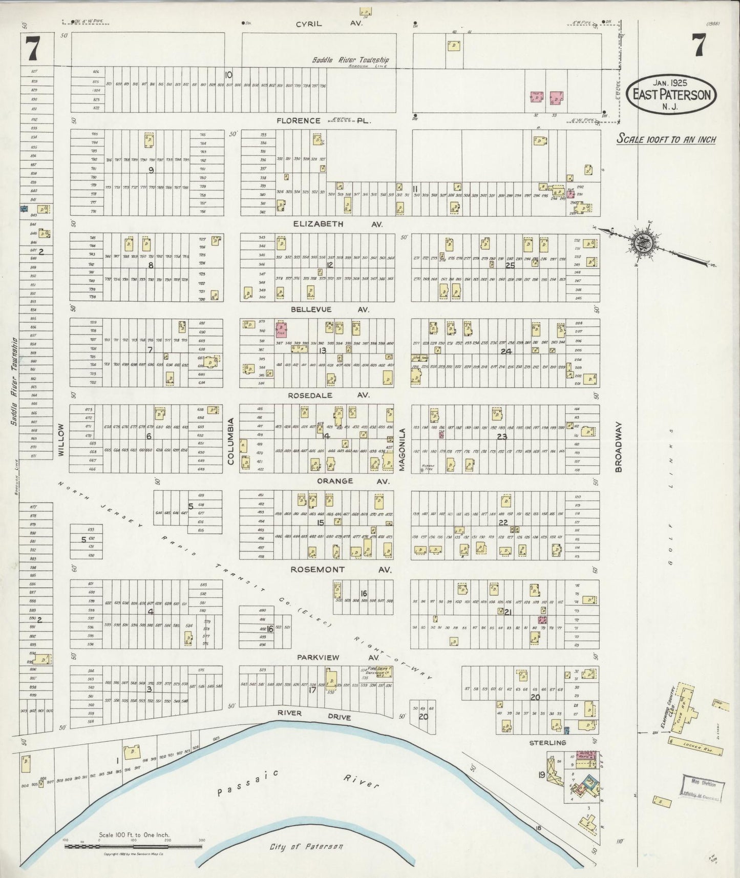 Sanborn Fire Insurance Map from East Paterson, Bergen County, New Jersey (1925), Sheet #0007 - Historic Sanborn Fire Insurance Map Print, vintage old map wall art, antique decor, genealogy gift, New Jersey New Jersey map