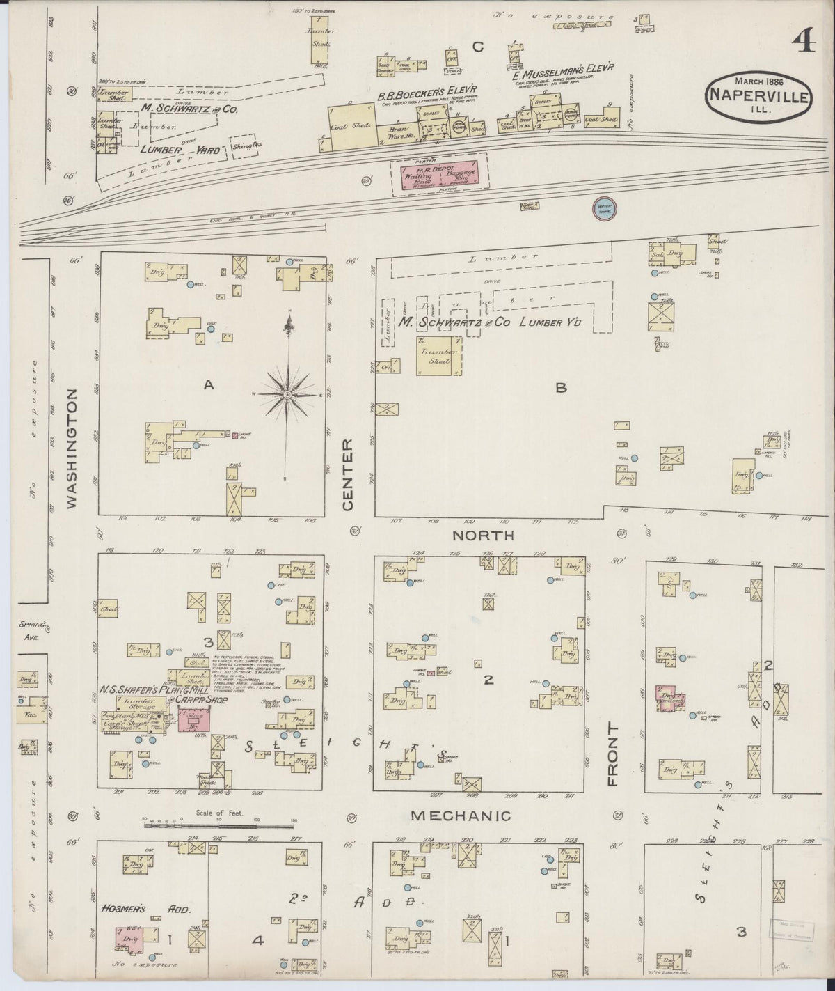 Sanborn Fire Insurance Map from Naperville, Du Page County, Illinois (1886), Sheet #0004 - Historic Sanborn Fire Insurance Map Print, vintage old map wall art, antique decor, genealogy gift, Illinois Illinois map