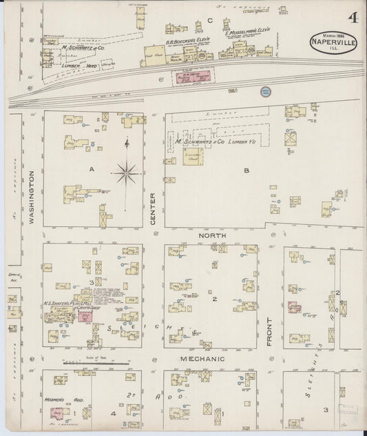 Sanborn Fire Insurance Map from Naperville, Du Page County, Illinois (1886), Sheet #0004 - Historic Sanborn Fire Insurance Map Print, vintage old map wall art, antique decor, genealogy gift, Illinois Illinois map