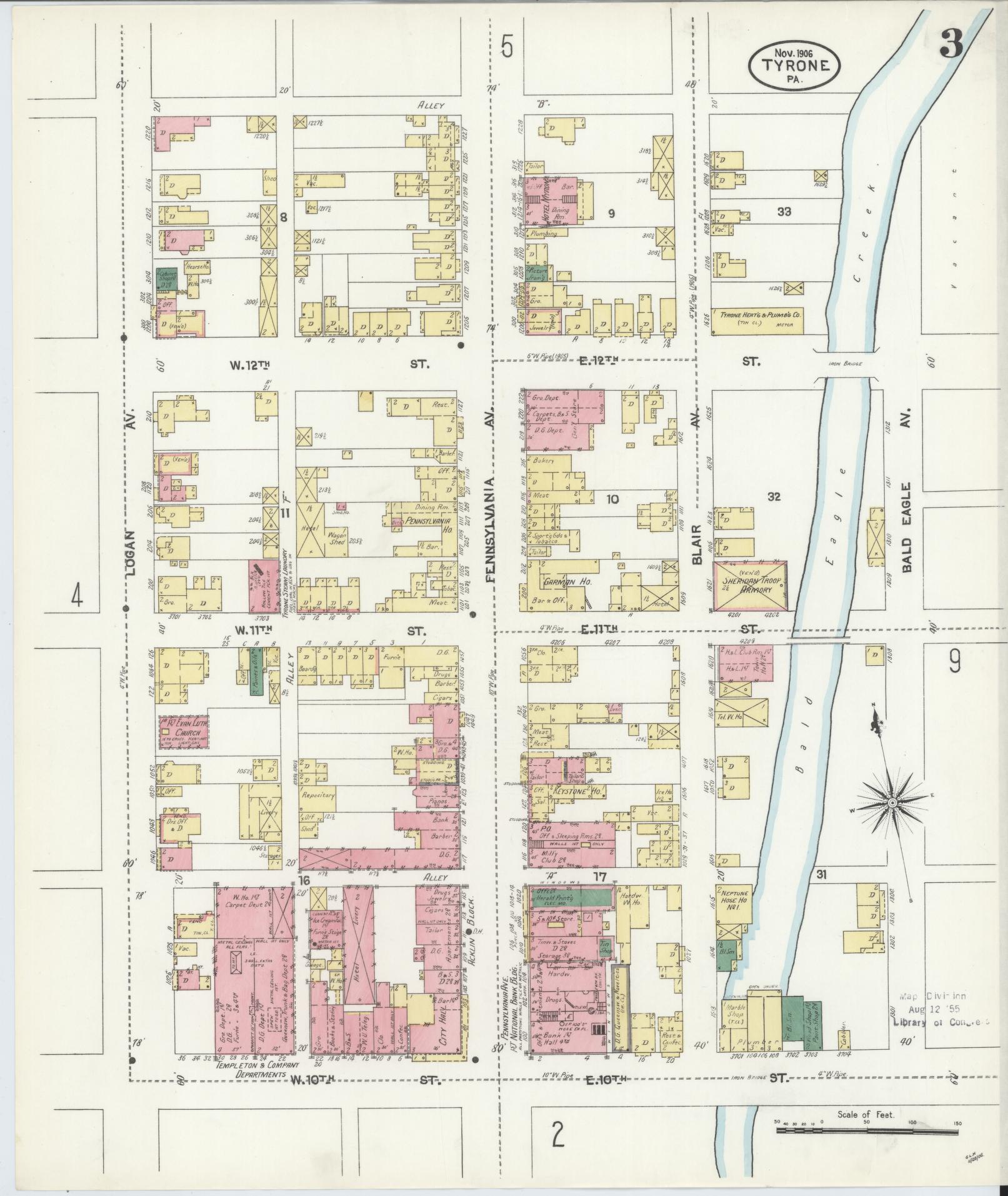 Sanborn Fire Insurance Map from Tyrone, Blair County, Pennsylvania (1906), Sheet #0003 - Complete Map Set gallery image, historic Sanborn map, vintage wall art, Pennsylvania Pennsylvania