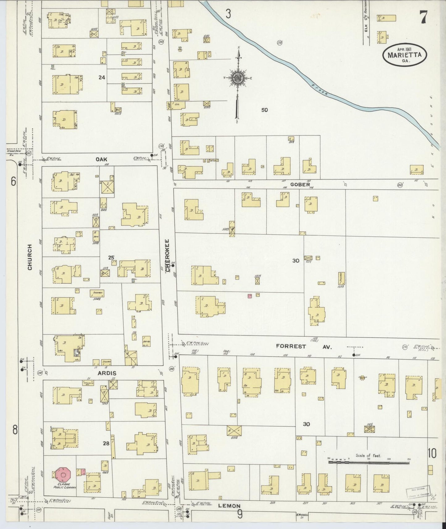 Sanborn Fire Insurance Map from Marietta, Cobb County, Georgia (1911), Sheet #0007 - Historic Sanborn Fire Insurance Map Print, vintage old map wall art, antique decor, genealogy gift, Georgia Georgia map