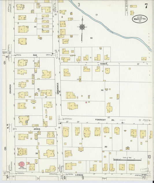 Sanborn Fire Insurance Map from Marietta, Cobb County, Georgia (1911), Sheet #0007 - Historic Sanborn Fire Insurance Map Print, vintage old map wall art, antique decor, genealogy gift, Georgia Georgia map