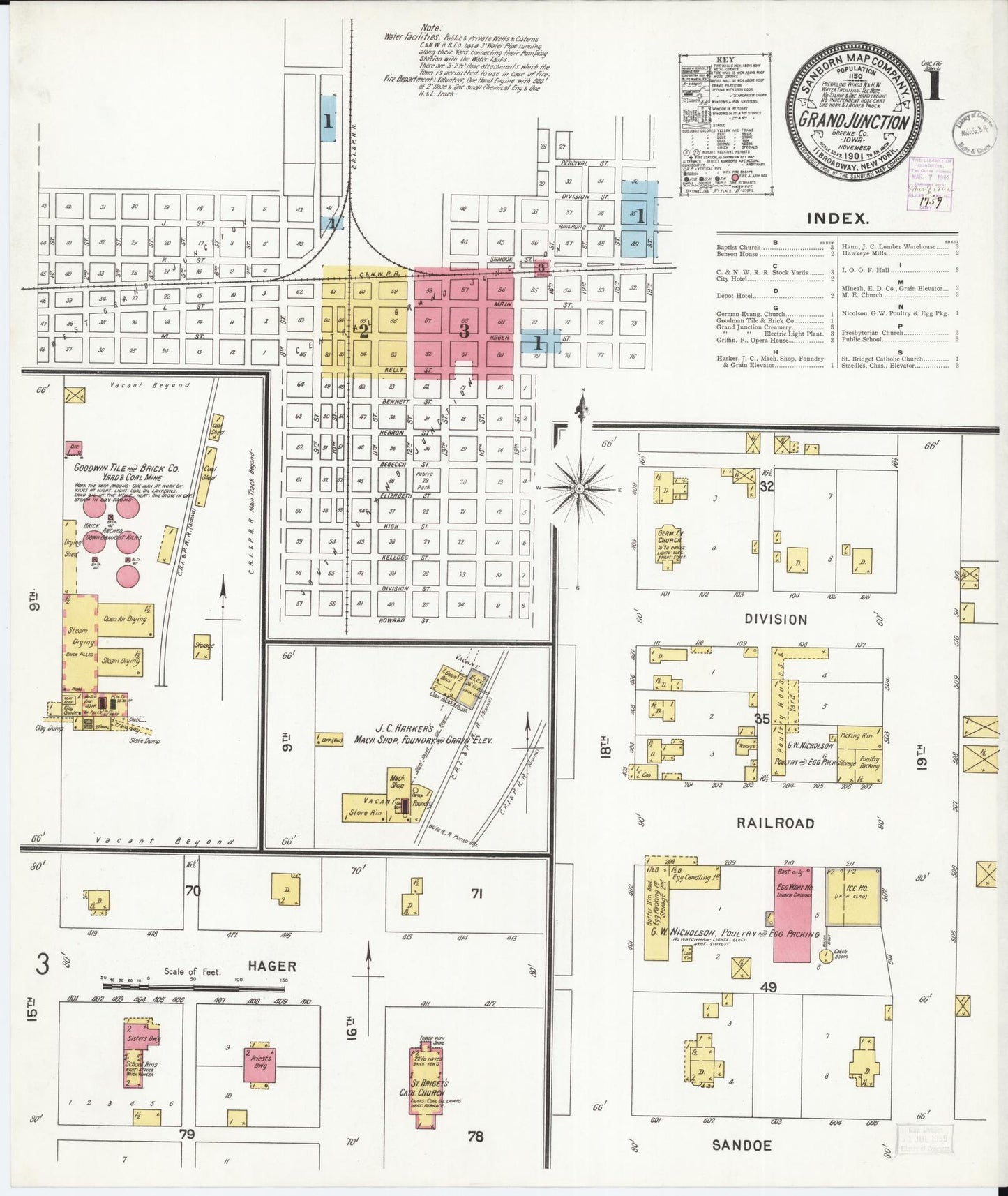 Sanborn Fire Insurance Map from Grand Junction, Greene County, Iowa (1901), Sheet #0001 - Historic Sanborn Fire Insurance Map Print, vintage old map wall art
