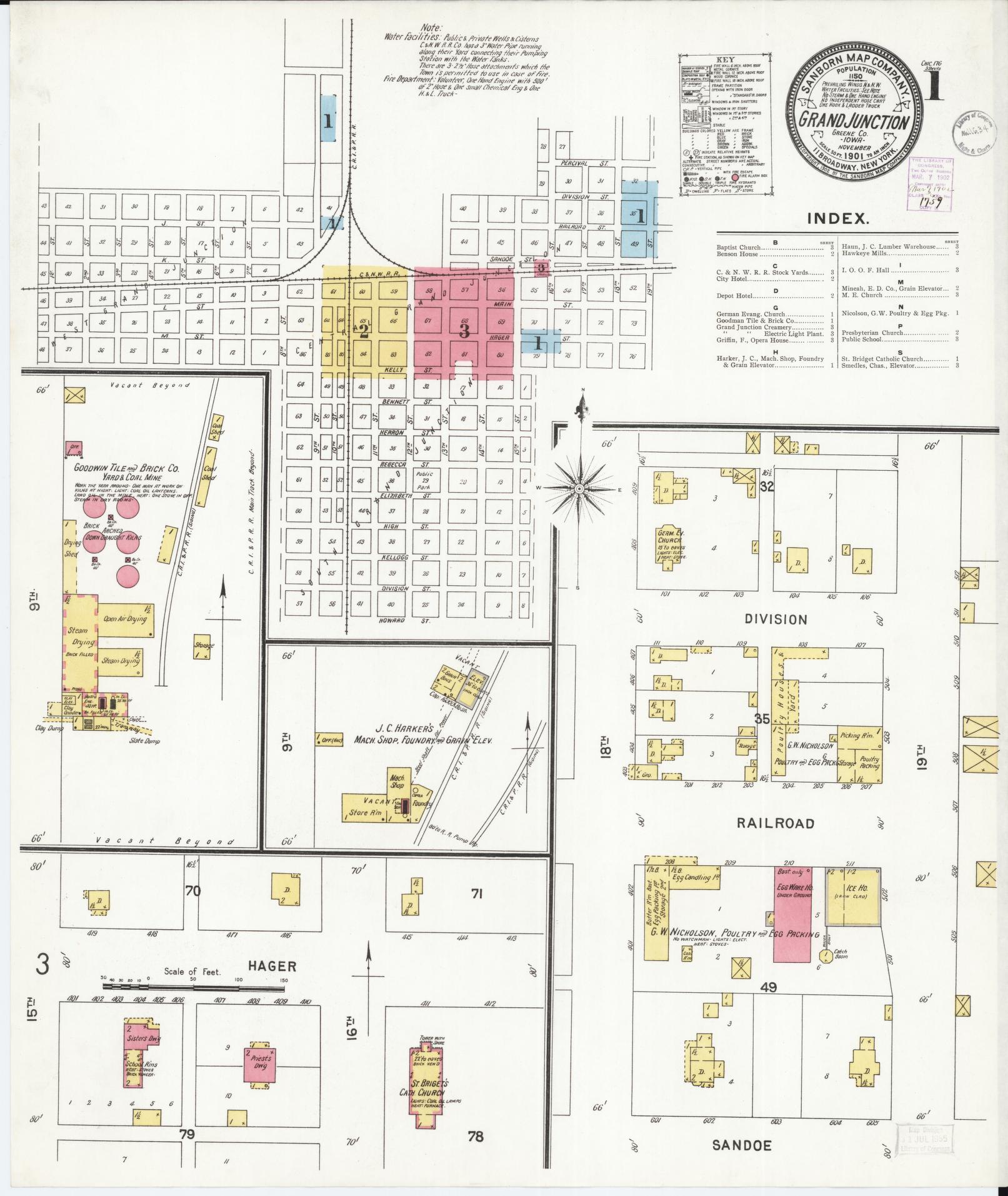 Sanborn Fire Insurance Map from Grand Junction, Greene County, Iowa (1901), Sheet #0001 - Historic Sanborn Fire Insurance Map Print, vintage old map wall art