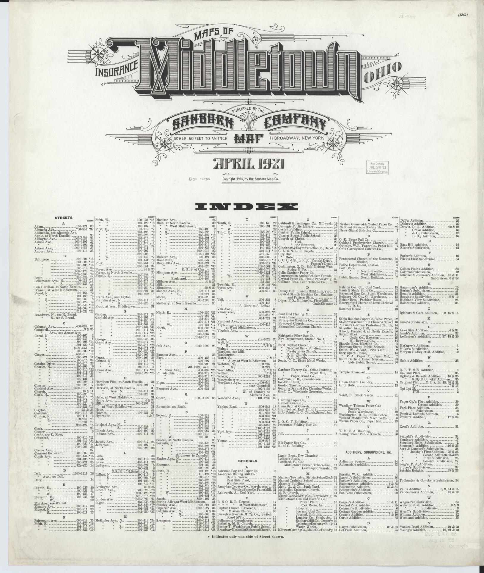 Sanborn Fire Insurance Map from Middletown, Butler County, Ohio (1921), Sheet #0001 - Historic Sanborn Fire Insurance Map Print, vintage old map wall art, antique decor, genealogy gift, Ohio Ohio map
