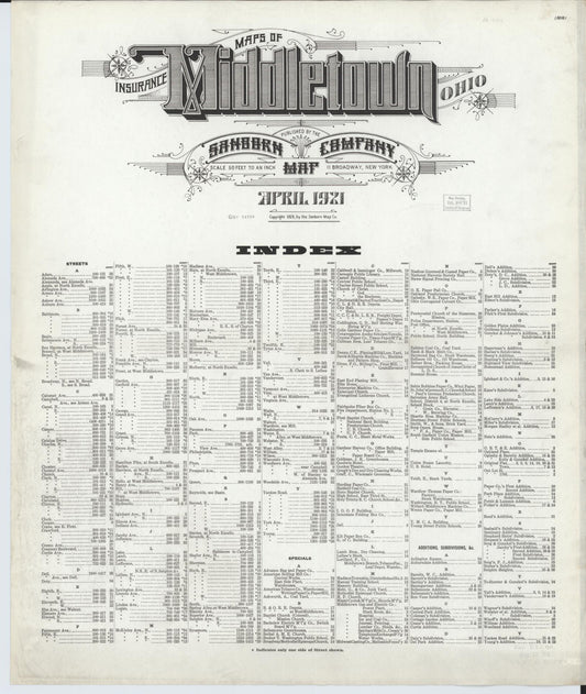 Sanborn Fire Insurance Map from Middletown, Butler County, Ohio (1921), Sheet #0001 - Historic Sanborn Fire Insurance Map Print, vintage old map wall art, antique decor, genealogy gift, Ohio Ohio map