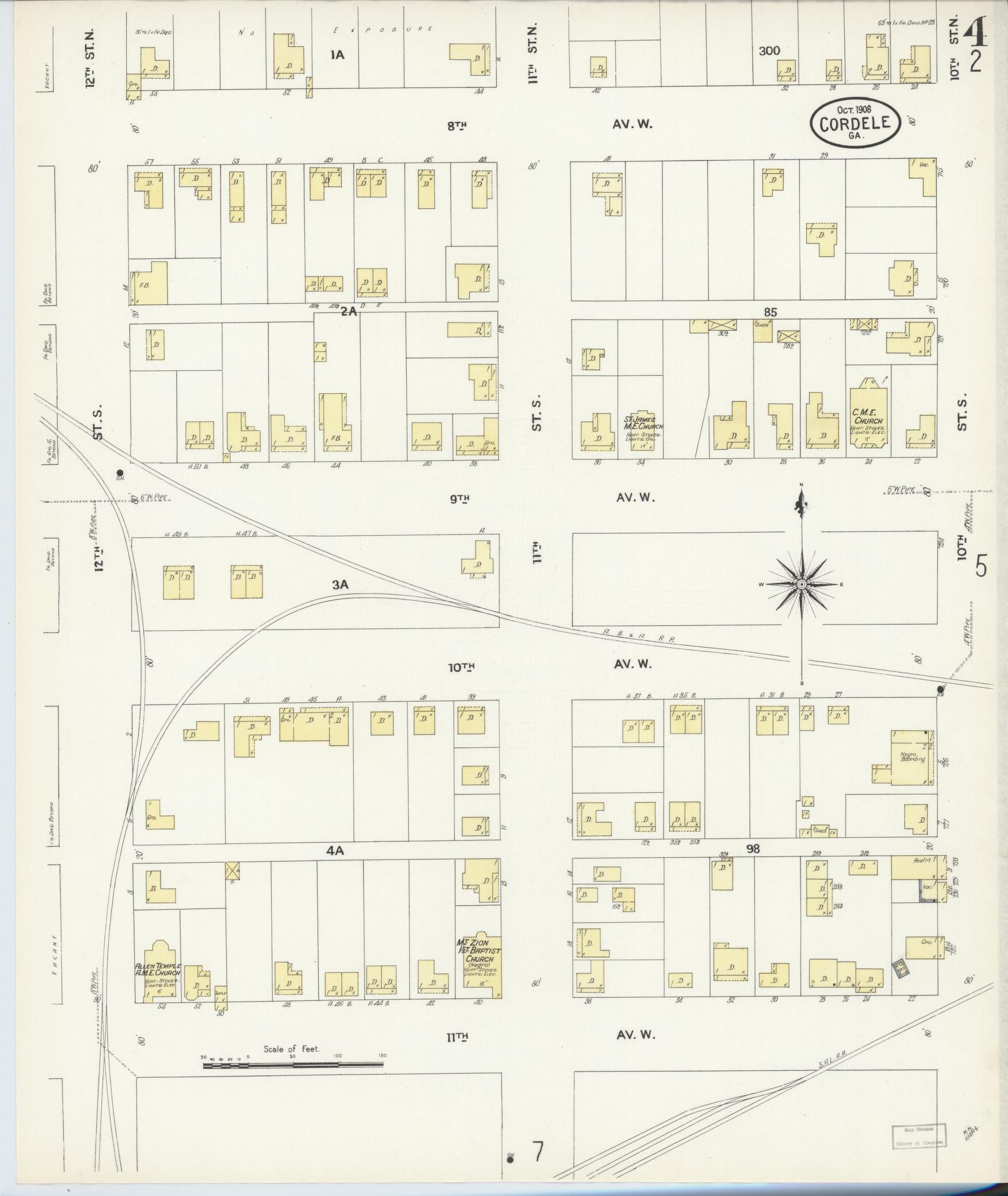 Sanborn Fire Insurance Map from Cordele, Crisp County, Georgia (1908), Sheet #0004 - Historic Sanborn Fire Insurance Map Print, vintage old map wall art, antique decor, genealogy gift, Georgia Georgia map