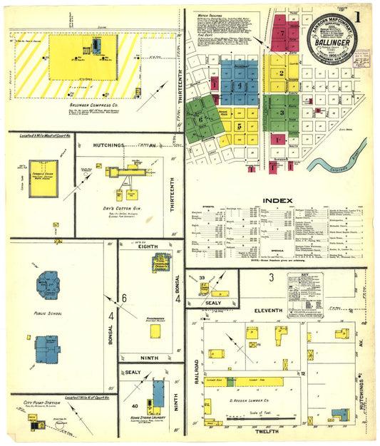 Sanborn Fire Insurance Map from Ballinger, Runnels County, Texas (1908), Sheet #0001 - Historic Sanborn Fire Insurance Map Print, vintage old map wall art, antique decor, genealogy gift, Texas Texas map