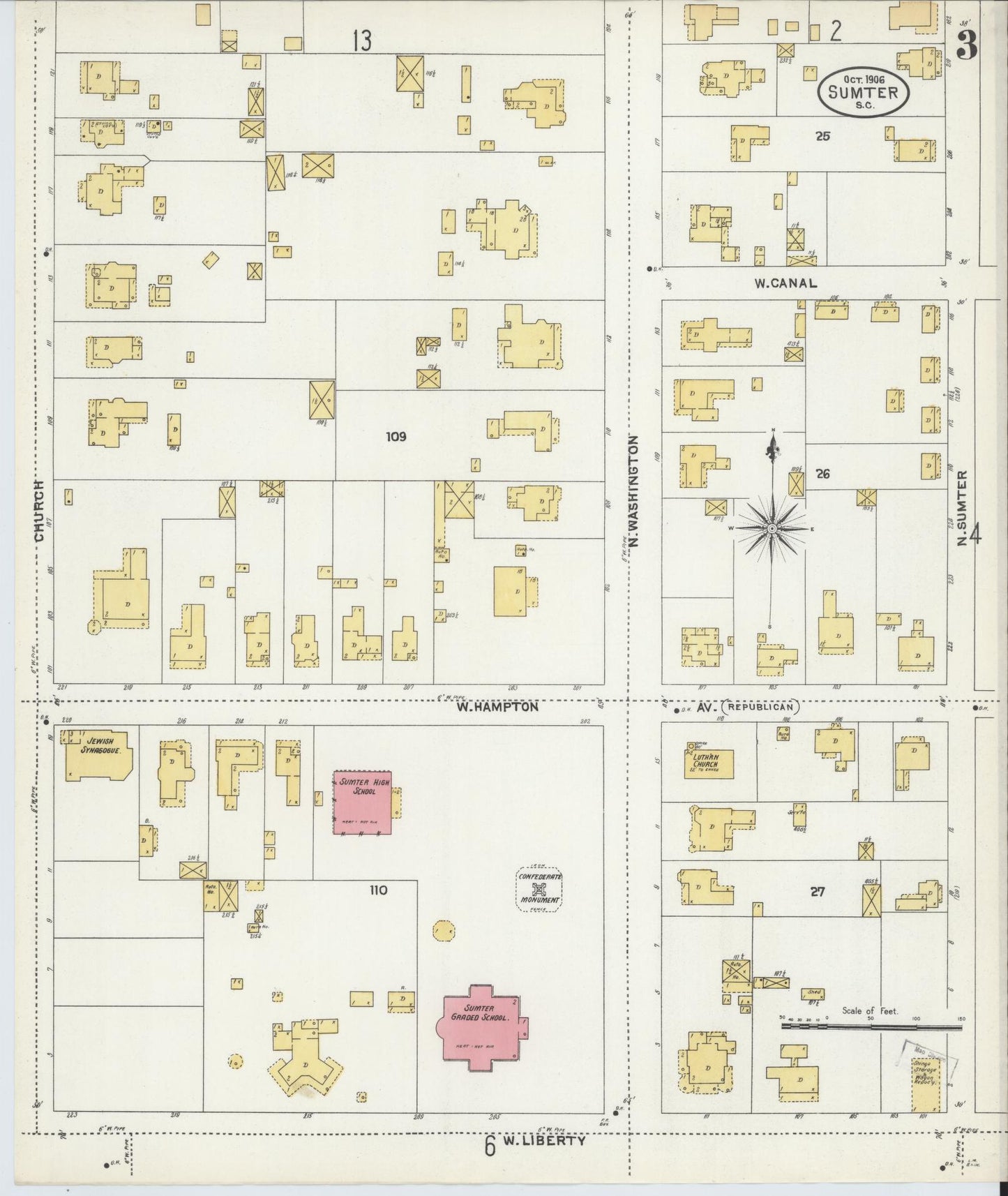 Sanborn Fire Insurance Map from Sumter, Sumter County, South Carolina (1906), Sheet #0003 - Historic Sanborn Fire Insurance Map Print, vintage old map wall art, antique decor, genealogy gift, South Carolina South Carolina map