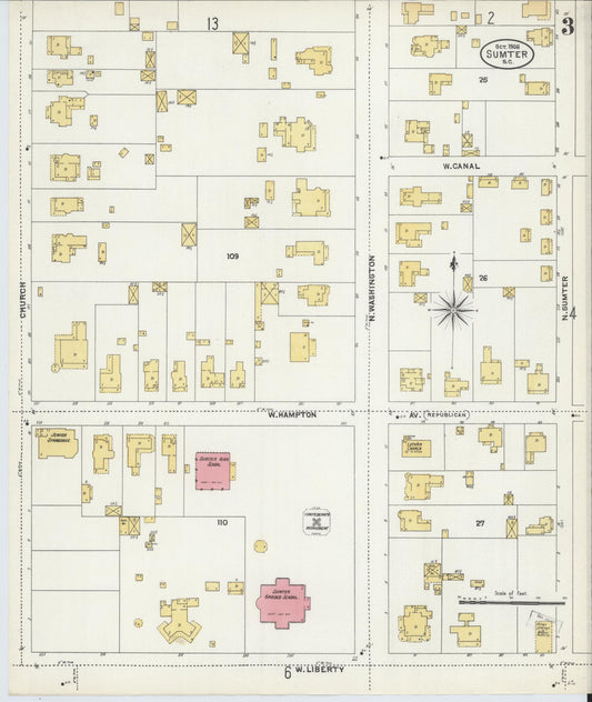 Sanborn Fire Insurance Map from Sumter, Sumter County, South Carolina (1906), Sheet #0003 - Historic Sanborn Fire Insurance Map Print, vintage old map wall art, antique decor, genealogy gift, South Carolina South Carolina map