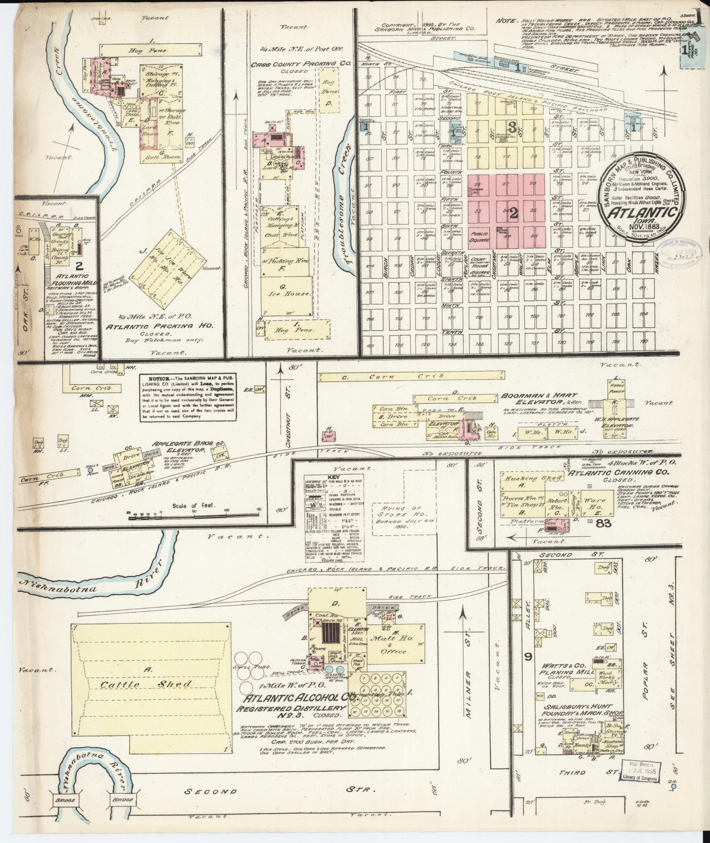 Sanborn Fire Insurance Map from Atlantic, Cass County, Iowa (1883), Sheet #0001 - Historic Sanborn Fire Insurance Map Print, vintage old map wall art