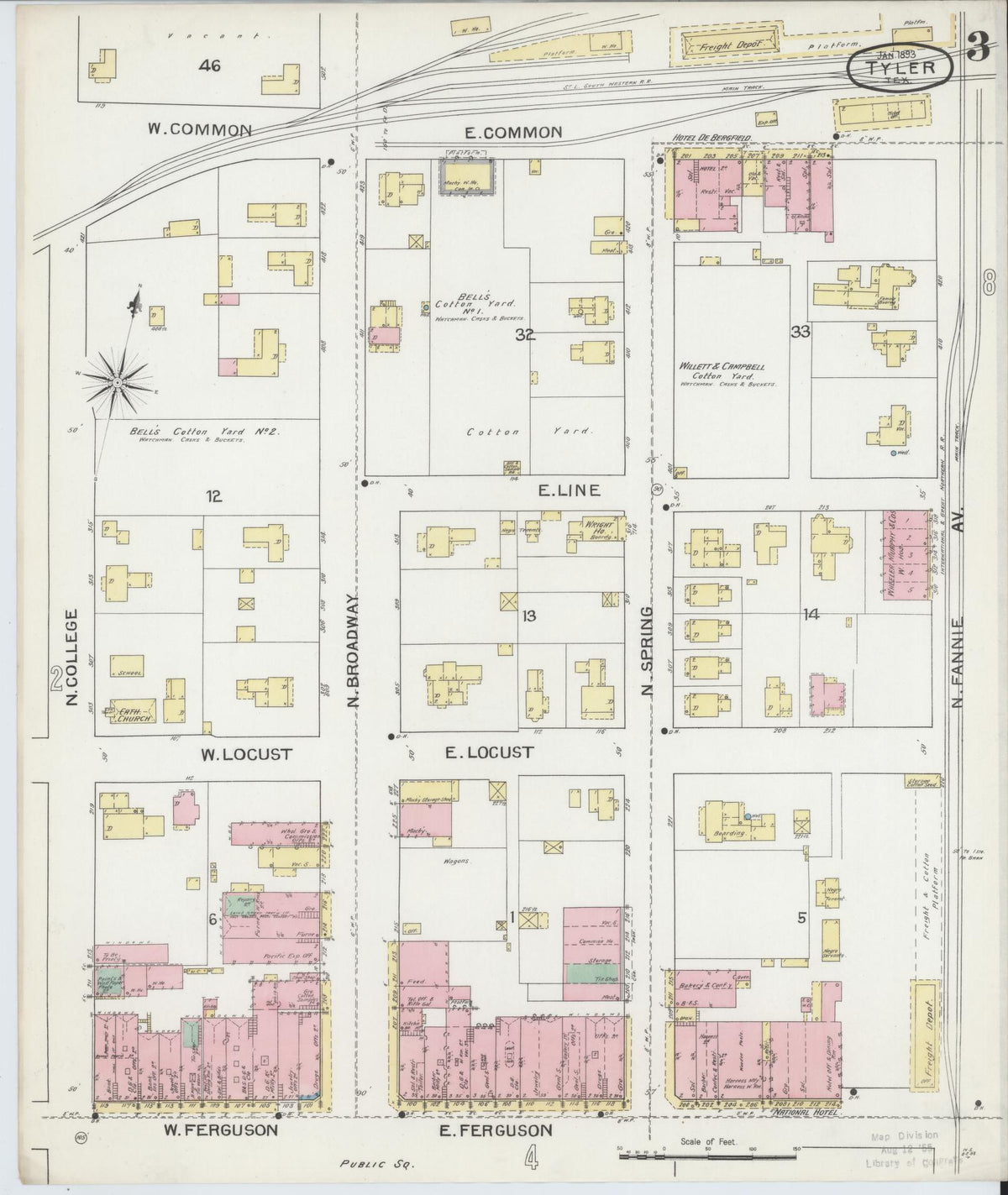 Sanborn Fire Insurance Map from Tyler, Smith County, Texas (1893), Sheet #0003 - Historic Sanborn Fire Insurance Map Print, vintage old map wall art, antique decor, genealogy gift, Texas Texas map