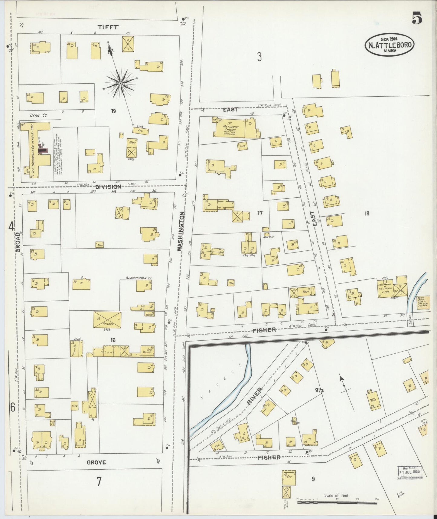 Sanborn Fire Insurance Map from North Attleborough, Bristol County, Massachusetts (1904), Sheet #0005 - Complete Map Set gallery image, historic Sanborn map, vintage wall art, Massachusetts Massachusetts