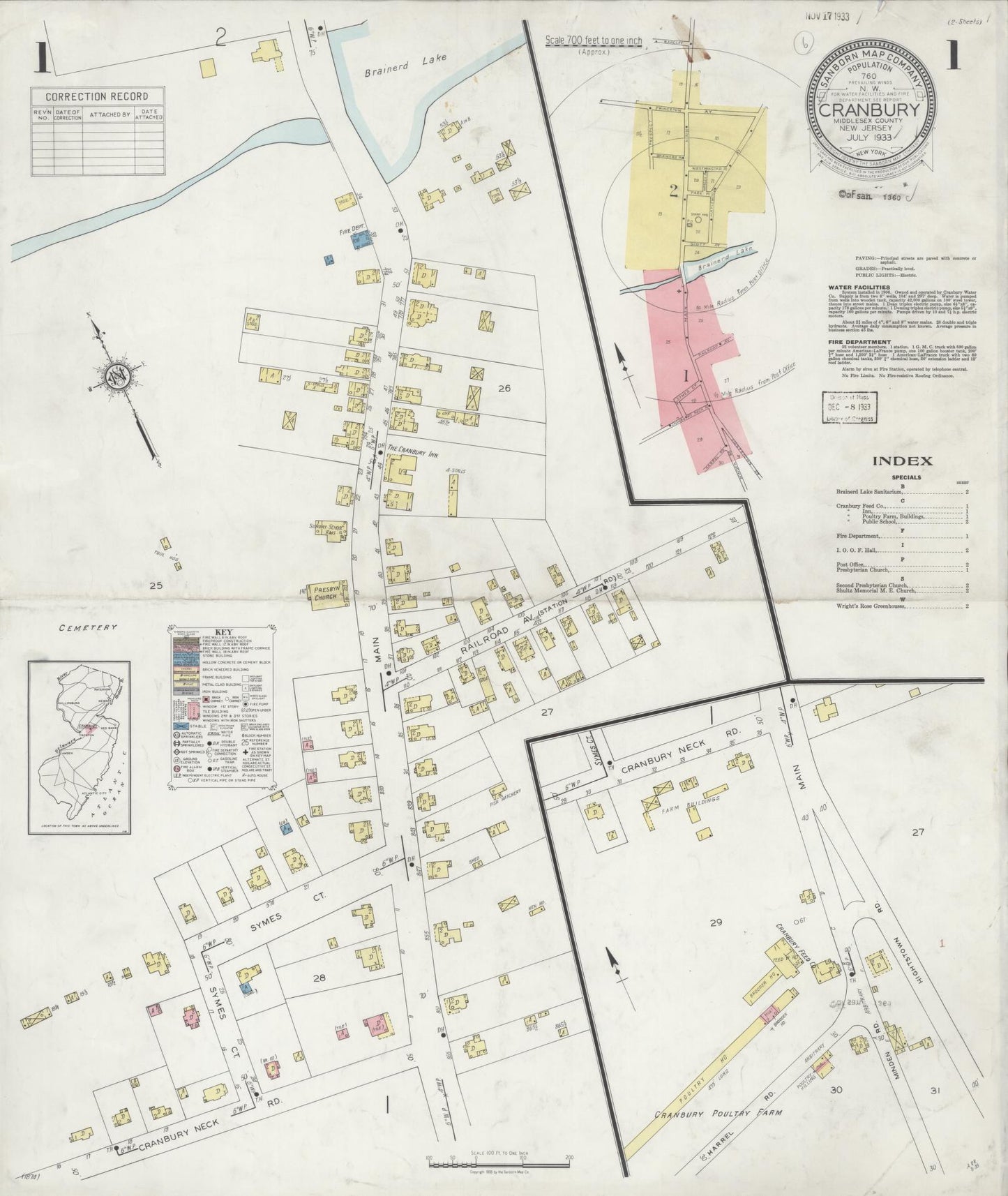Sanborn Fire Insurance Map from Cranbury, Middlesex County, New Jersey. (1933) – Historic Sanborn Fire Insurance Map Print