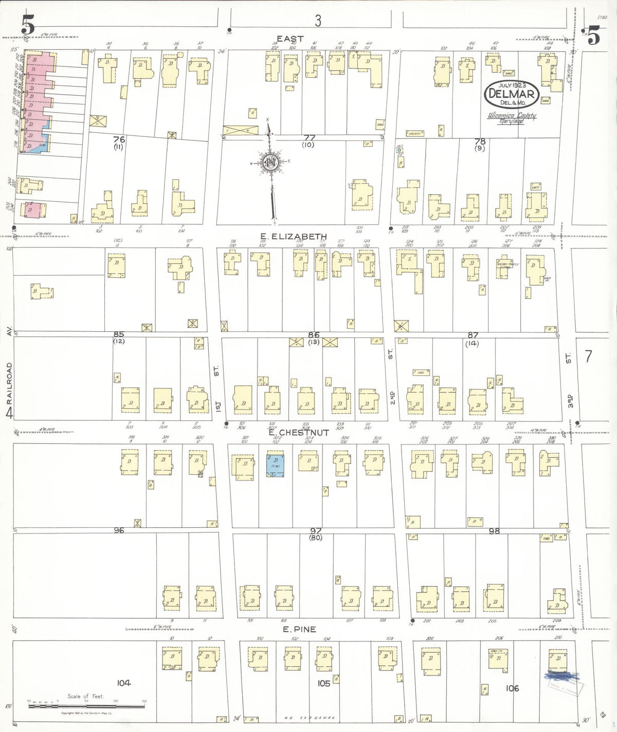 Sanborn Fire Insurance Map from Delmar, Sussex County, Del., And Wicomico County, MD, Delaware (1923), Sheet #0005 - Historic Sanborn Fire Insurance Map Print, vintage old map wall art, antique decor, genealogy gift, Delaware Delaware map
