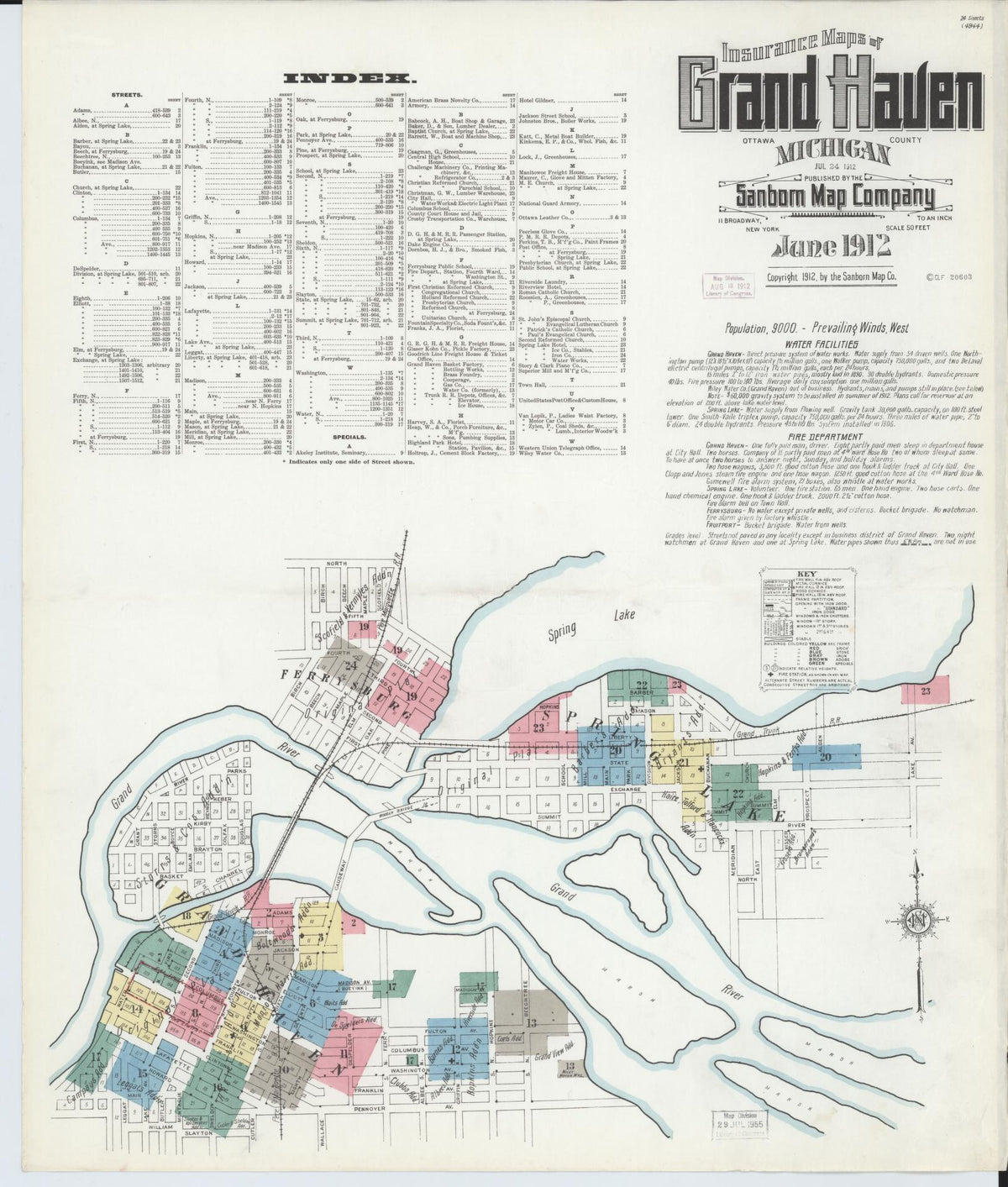 Sanborn Fire Insurance Map from Grand Haven, Ottawa County, Michigan (1912), Sheet #0001 - Historic Sanborn Fire Insurance Map Print, vintage old map wall art, antique decor, genealogy gift, Michigan Michigan map