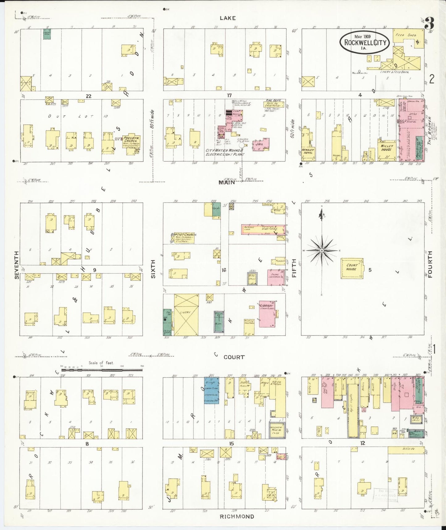 Sanborn Fire Insurance Map from Rockwell City, Calhoun County, Iowa (1909), Sheet #0003 - Historic Sanborn Fire Insurance Map Print, vintage old map wall art