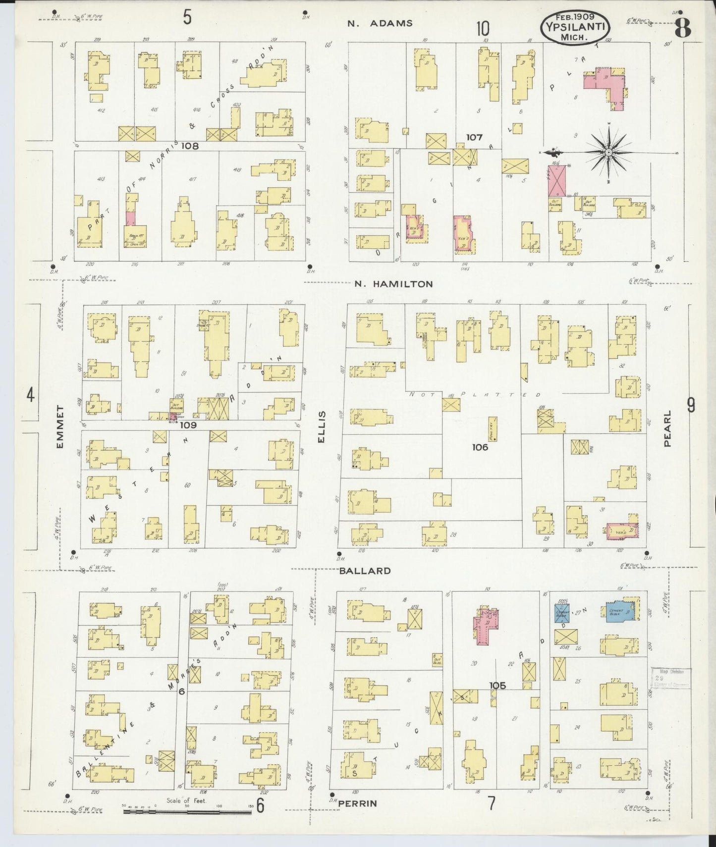 Sanborn Fire Insurance Map from Ypsilanti, Washtenaw County, Michigan (1909), Sheet #0008 - Historic Sanborn Fire Insurance Map Print, vintage old map wall art, antique decor, genealogy gift, Michigan Michigan map