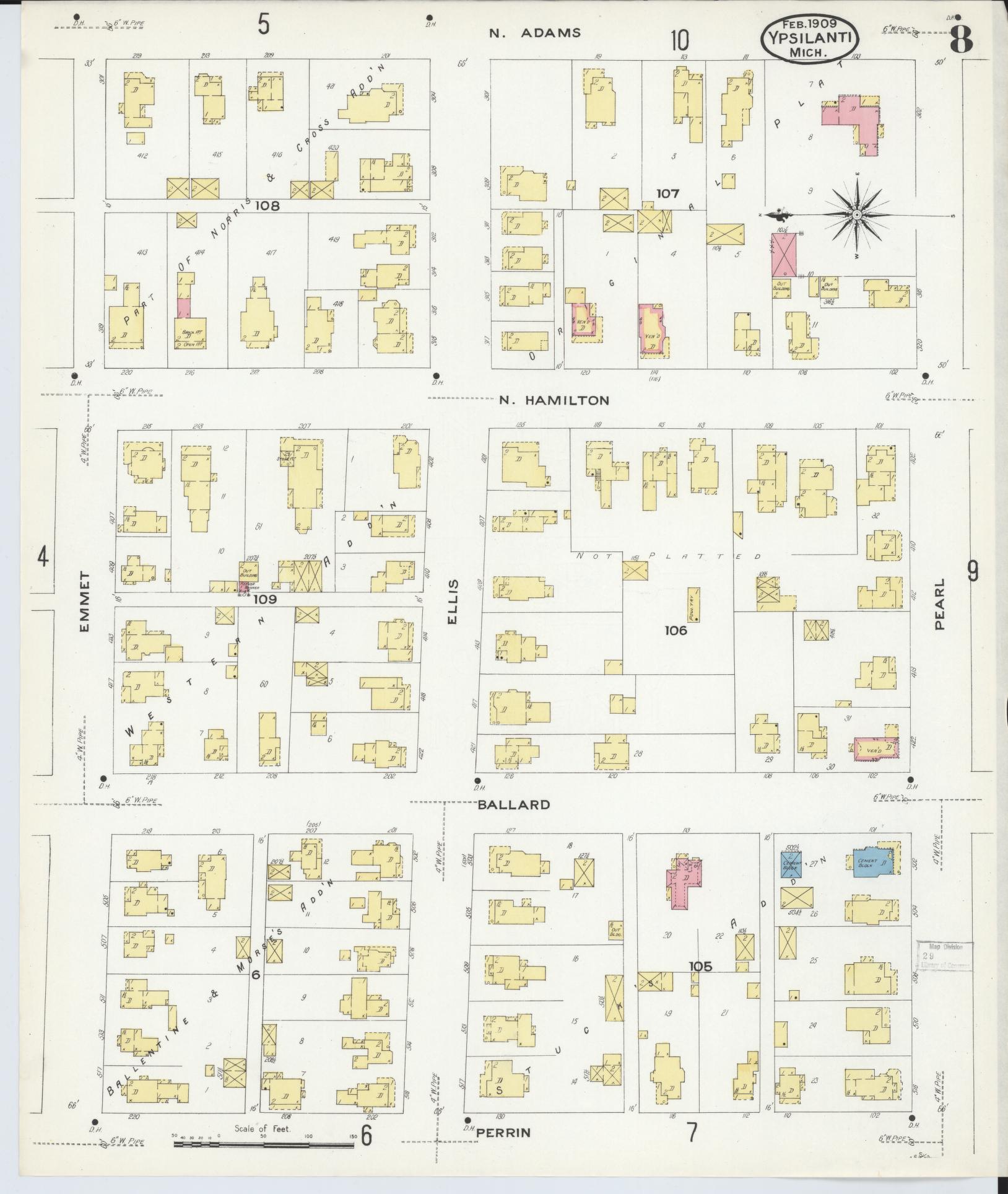Sanborn Fire Insurance Map from Ypsilanti, Washtenaw County, Michigan (1909), Sheet #0008 - Historic Sanborn Fire Insurance Map Print, vintage old map wall art, antique decor, genealogy gift, Michigan Michigan map