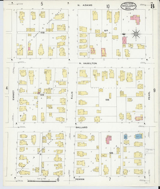 Sanborn Fire Insurance Map from Ypsilanti, Washtenaw County, Michigan (1909), Sheet #0008 - Historic Sanborn Fire Insurance Map Print, vintage old map wall art, antique decor, genealogy gift, Michigan Michigan map