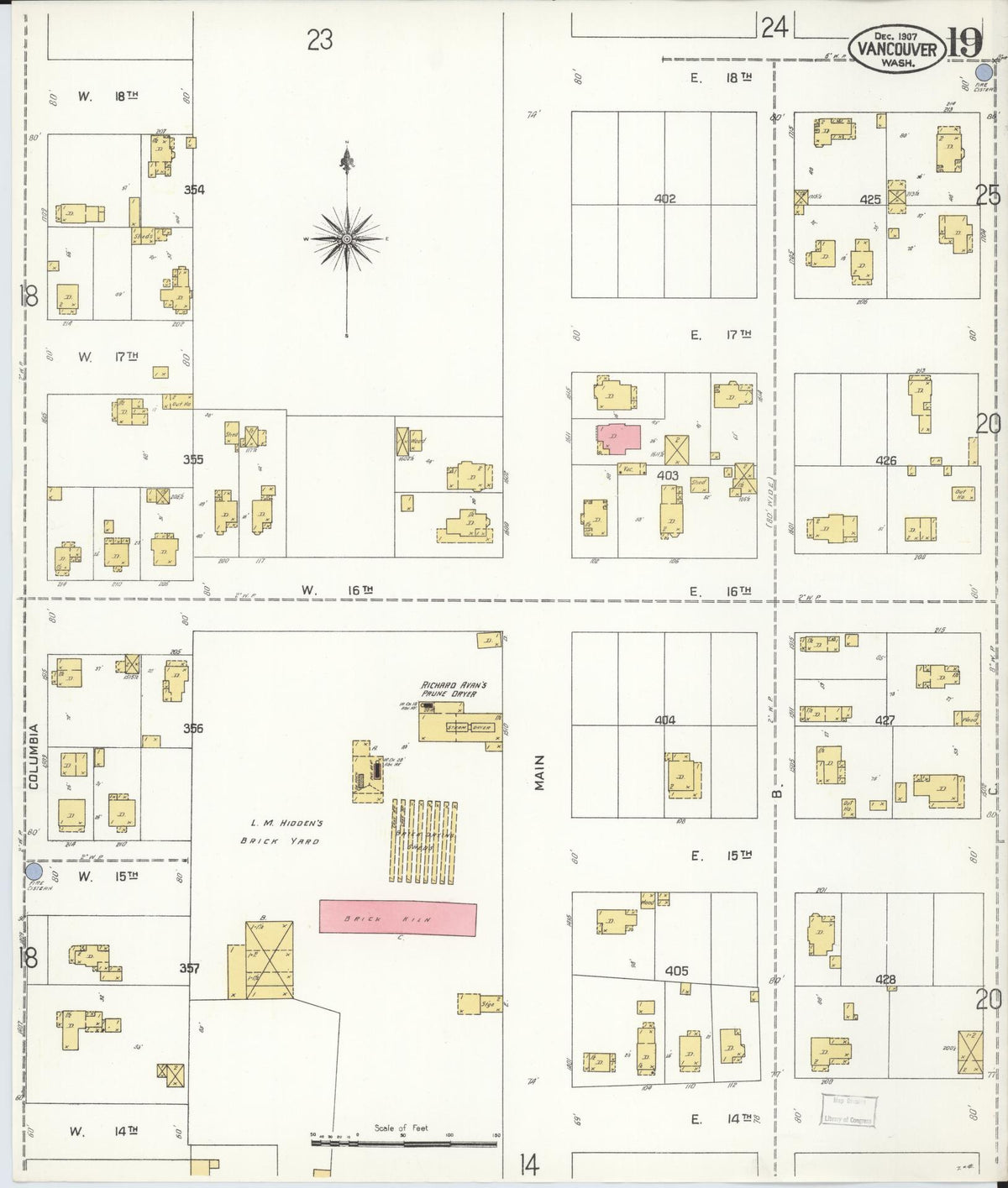 Sanborn Fire Insurance Map from Vancouver, Clark County, Washington (1907), Sheet #0019 - Historic Sanborn Fire Insurance Map Print, vintage old map wall art, antique decor, genealogy gift, Washington Washington map
