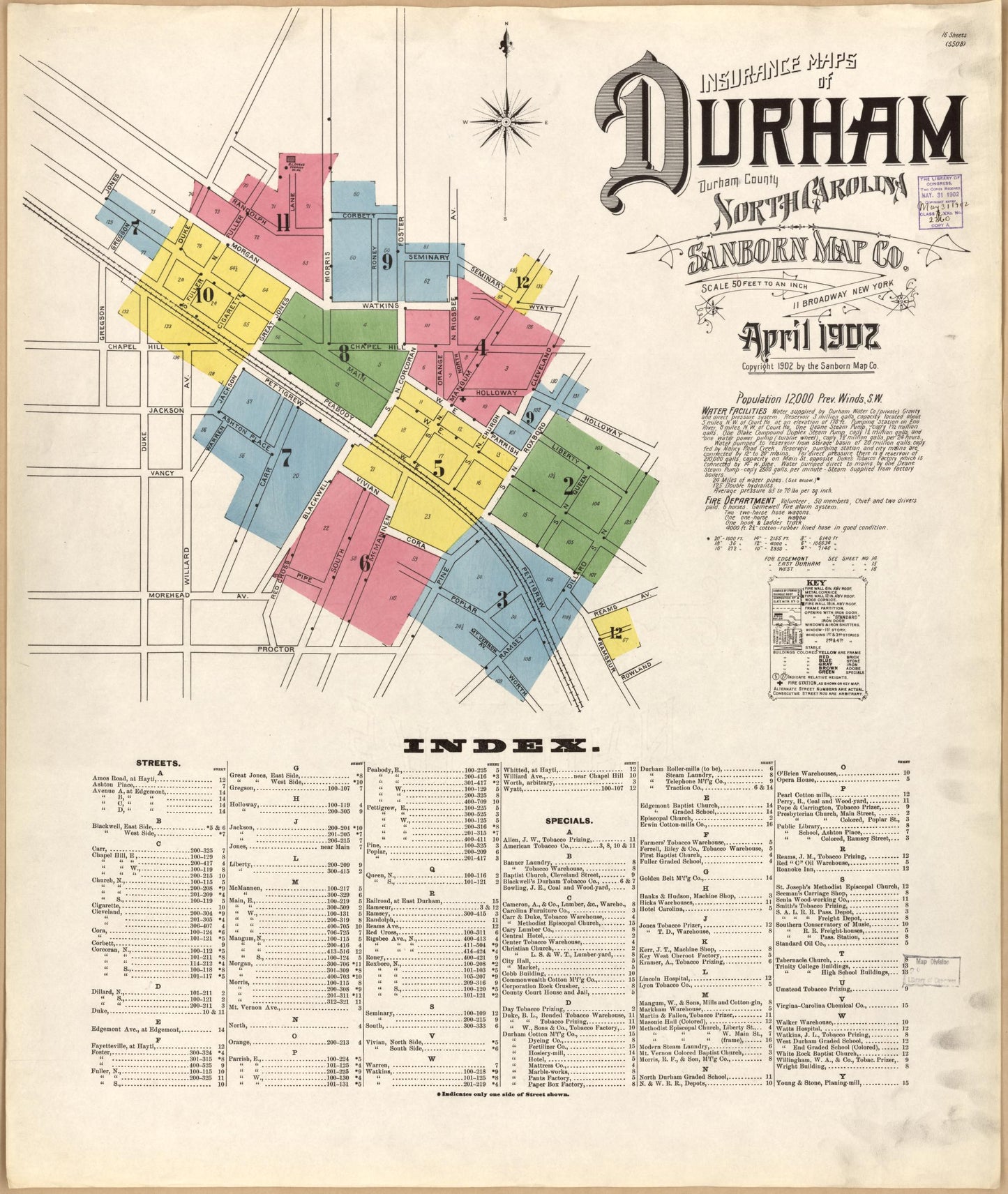 Sanborn Fire Insurance Map from Durham, Durham County, North Carolina (1902), Sheet #0001 - Historic Sanborn Fire Insurance Map Print, vintage old map wall art, antique decor, genealogy gift, North Carolina North Carolina map