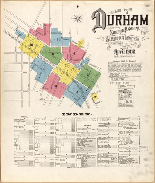 Sanborn Fire Insurance Map from Durham, Durham County, North Carolina (1902), Sheet #0001 - Historic Sanborn Fire Insurance Map Print, vintage old map wall art, antique decor, genealogy gift, North Carolina North Carolina map