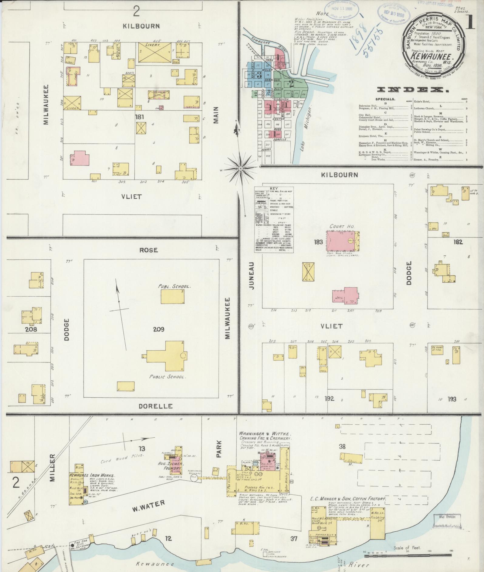 Sanborn Fire Insurance Map from Kewaunee, Kewaunee County, Wisconsin (1898), Sheet #0001 - Historic Sanborn Fire Insurance Map Print, vintage old map wall art, antique decor, genealogy gift, Wisconsin Wisconsin map
