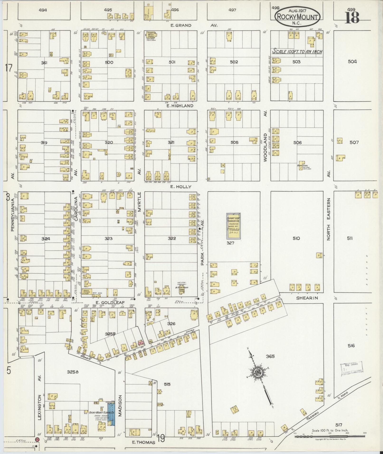 Sanborn Fire Insurance Map from Rocky Mount, Edgecombe And Nash Counties, North Carolina (1917), Sheet #0018 - Historic Sanborn Fire Insurance Map Print, vintage old map wall art, antique decor, genealogy gift, North Carolina North Carolina map