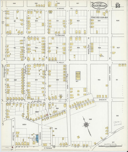 Sanborn Fire Insurance Map from Rocky Mount, Edgecombe And Nash Counties, North Carolina (1917), Sheet #0018 - Historic Sanborn Fire Insurance Map Print, vintage old map wall art, antique decor, genealogy gift, North Carolina North Carolina map