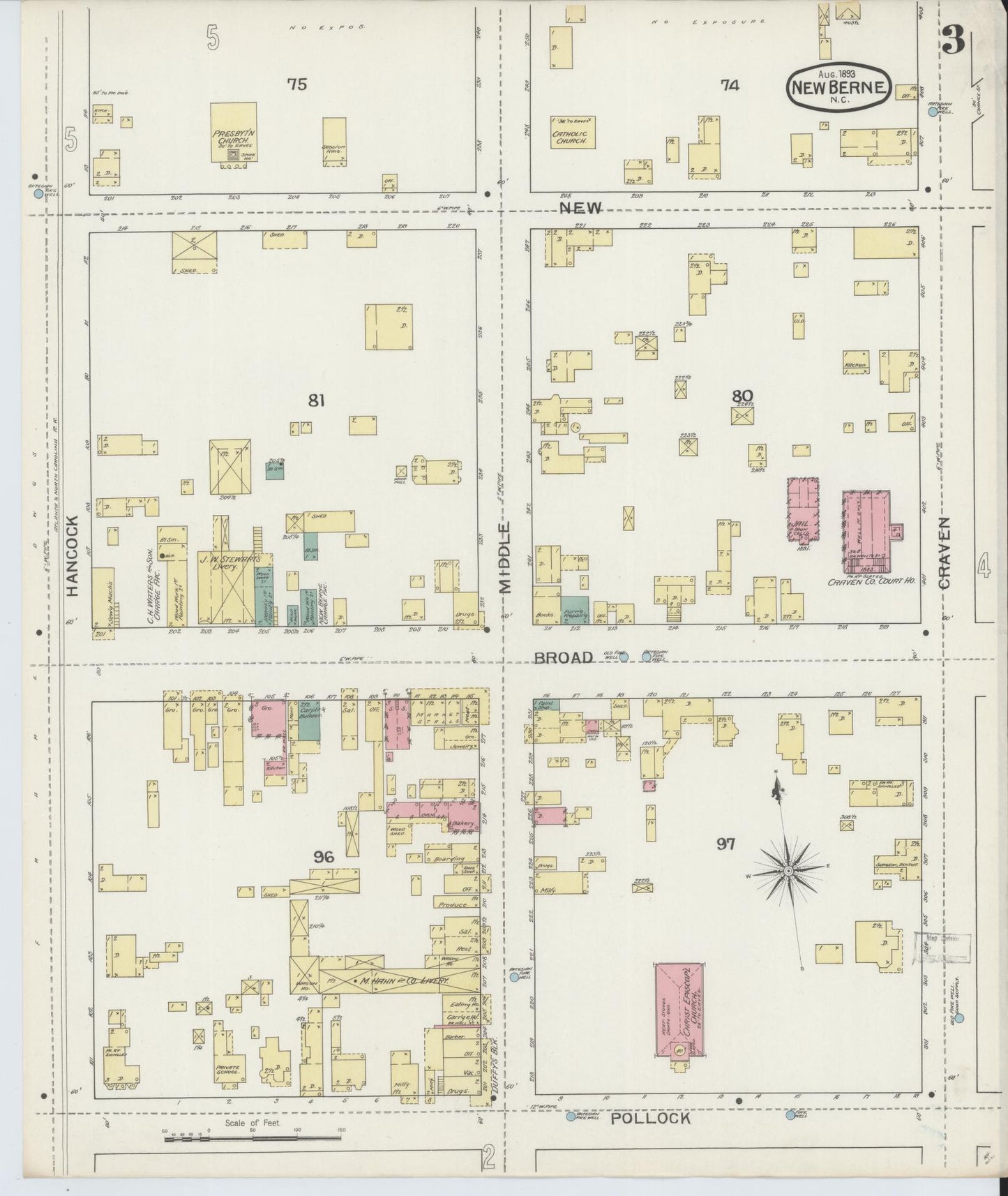 Sanborn Fire Insurance Map from New Bern, Craven County, North Carolina (1893), Sheet #0003 - Historic Sanborn Fire Insurance Map Print, vintage old map wall art, antique decor, genealogy gift, North Carolina North Carolina map
