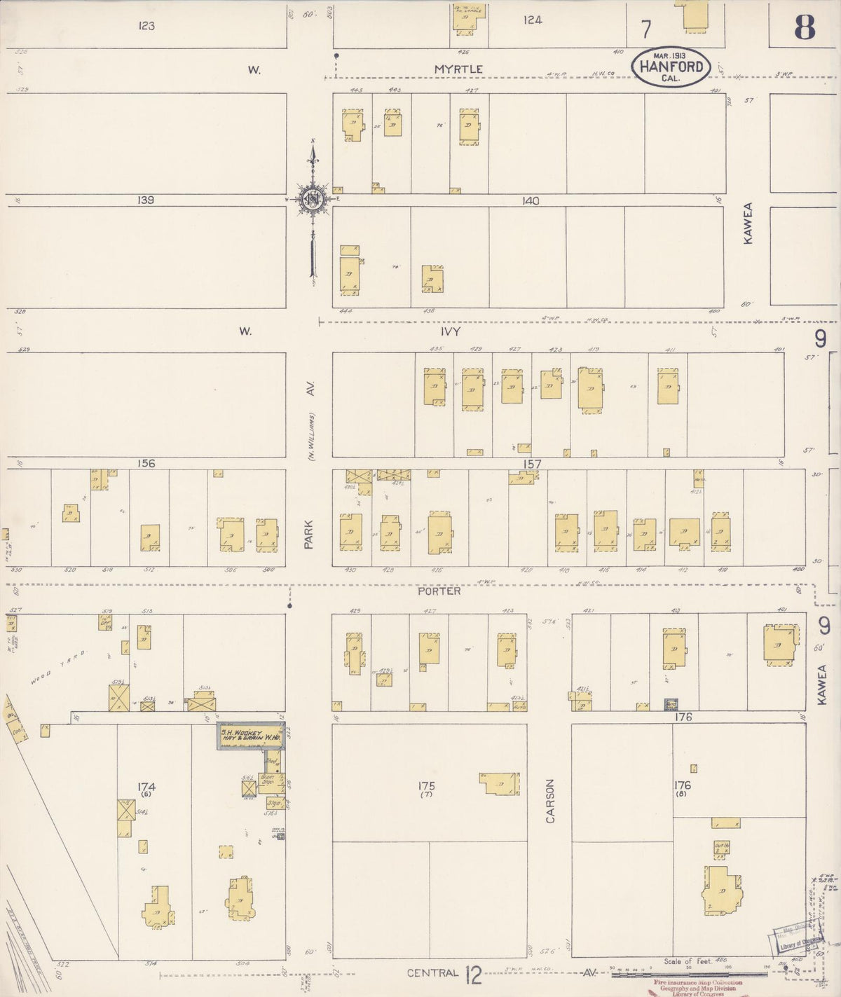 Sanborn Fire Insurance Map from Hanford, Kings County, California (1913), Sheet #0008 - Complete Map Set gallery image, historic Sanborn map, vintage wall art, California California