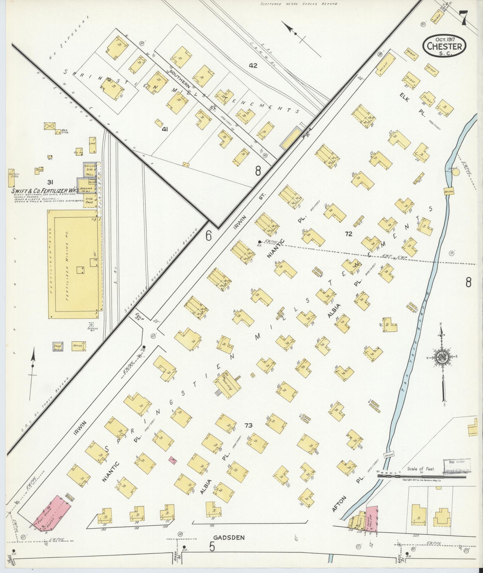 Sanborn Fire Insurance Map from Chester, Chester County, South Carolina (1917), Sheet #0007 - Historic Sanborn Fire Insurance Map Print, vintage old map wall art, antique decor, genealogy gift, South Carolina South Carolina map
