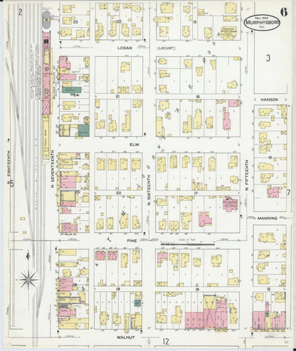 Sanborn Fire Insurance Map from Murphysboro, Jackson County, Illinois (1909), Sheet #0006 - Historic Sanborn Fire Insurance Map Print, vintage old map wall art, antique decor, genealogy gift, Illinois Illinois map