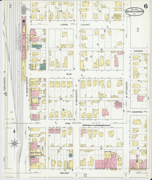 Sanborn Fire Insurance Map from Murphysboro, Jackson County, Illinois (1909), Sheet #0006 - Historic Sanborn Fire Insurance Map Print, vintage old map wall art, antique decor, genealogy gift, Illinois Illinois map
