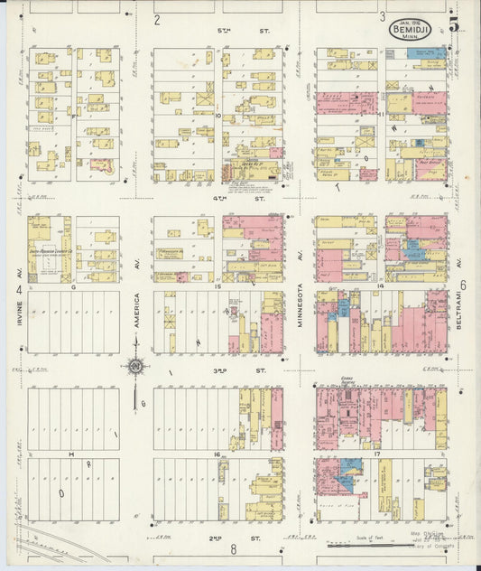 Sanborn Fire Insurance Map from Bemidji, Beltrami County, Minnesota (1916), Sheet #0005 - Historic Sanborn Fire Insurance Map Print, vintage old map wall art, antique decor, genealogy gift, Minnesota Minnesota map