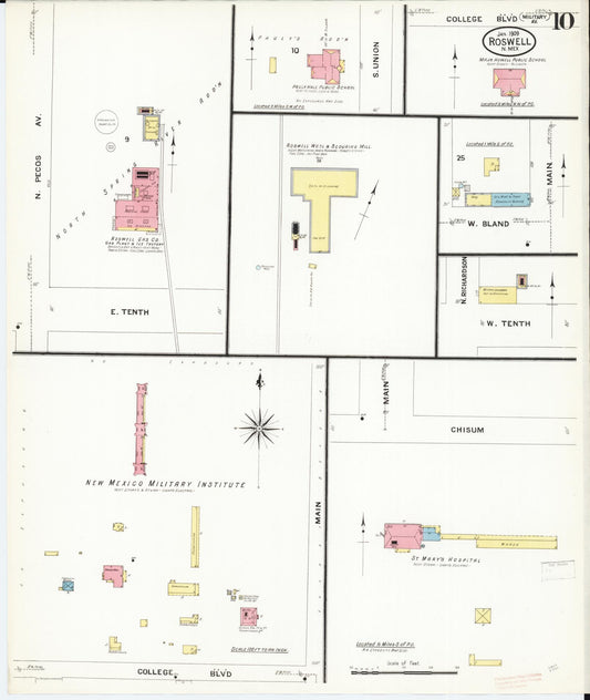 Sanborn Fire Insurance Map from Roswell, Chaves County, New Mexico (1909), Sheet #0010 - Historic Sanborn Fire Insurance Map Print, vintage old map wall art, antique decor, genealogy gift, New Mexico New Mexico map