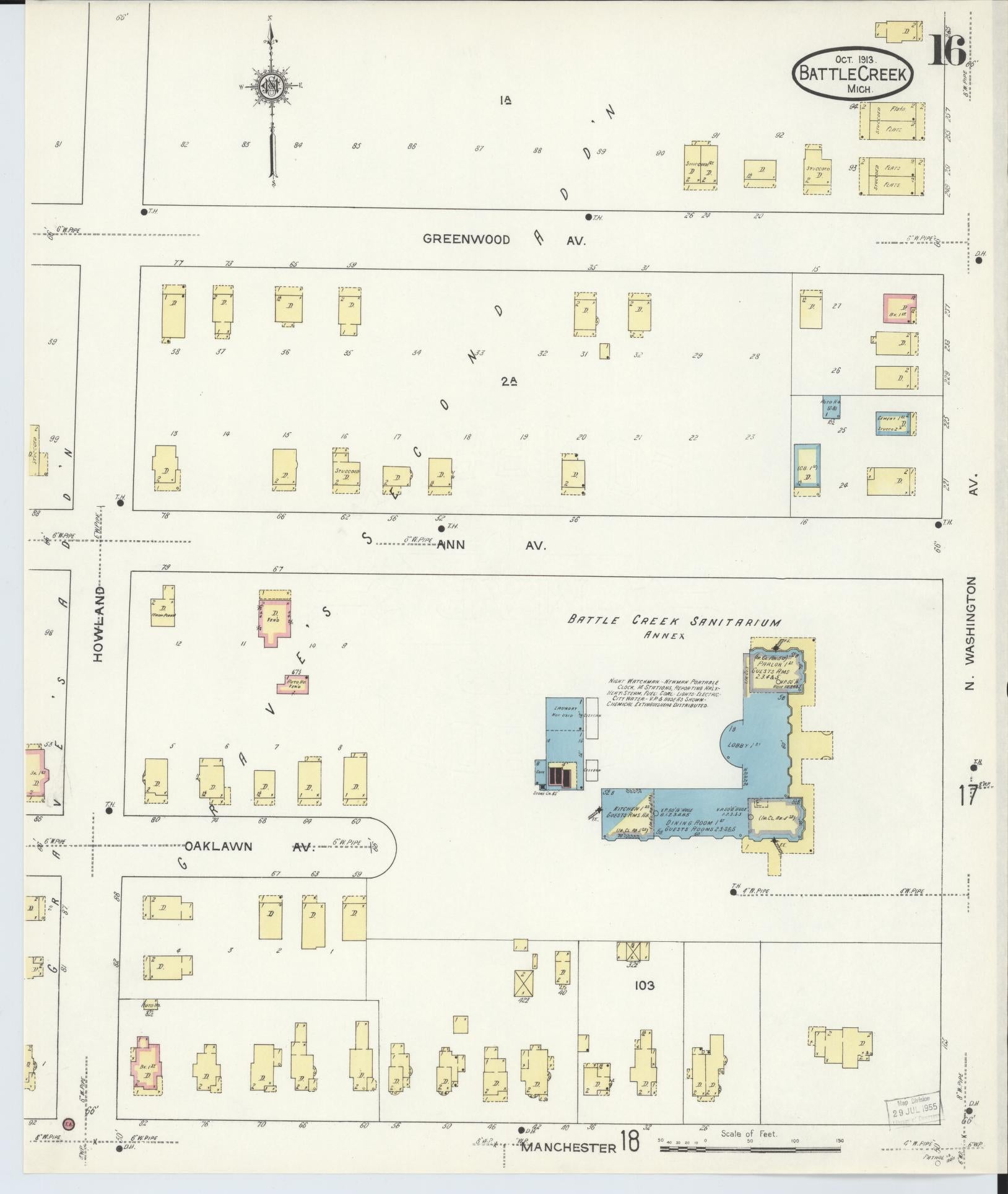 Sanborn Fire Insurance Map from Battle Creek, Calhoun County, Michigan (1913), Sheet #0016 - Complete Map Set gallery image, historic Sanborn map, vintage wall art, Michigan Michigan