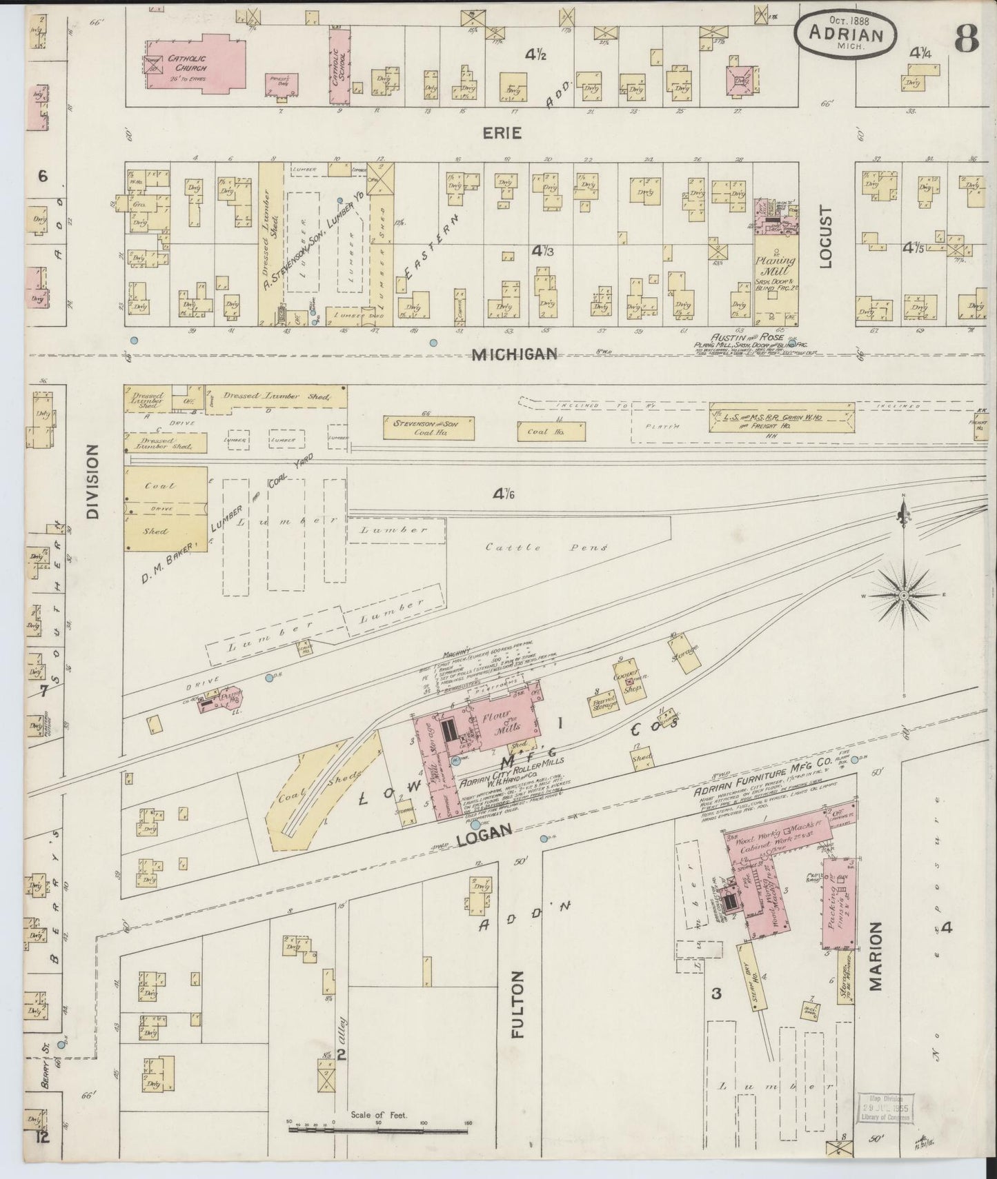 Sanborn Fire Insurance Map from Adrian, Lenawee County, Michigan (1888), Sheet #0008 - Historic Sanborn Fire Insurance Map Print, vintage old map wall art, antique decor, genealogy gift, Michigan Michigan map