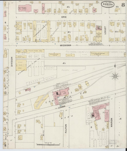 Sanborn Fire Insurance Map from Adrian, Lenawee County, Michigan (1888), Sheet #0008 - Historic Sanborn Fire Insurance Map Print, vintage old map wall art, antique decor, genealogy gift, Michigan Michigan map
