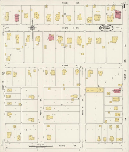 Sanborn Fire Insurance Map from Bentonville, Benton County, Arkansas (1922), Sheet #0008 - Complete Map Set gallery image, historic Sanborn map, vintage wall art, Arkansas Arkansas