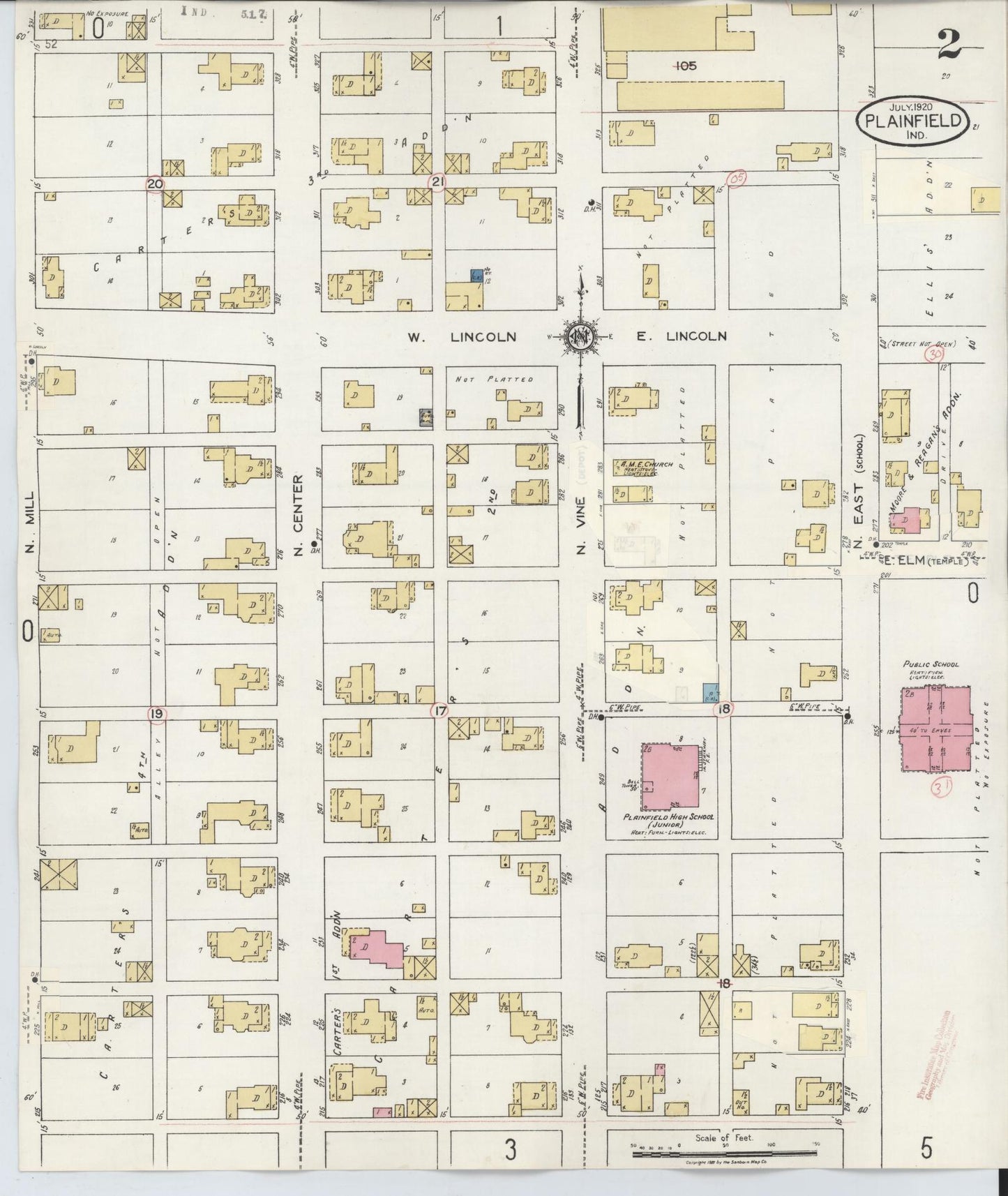 Sanborn Fire Insurance Map from Plainfield, Hendricks County, Indiana (1920), Sheet #0002 - Complete Map Set gallery image, historic Sanborn map, vintage wall art, Indiana Indiana