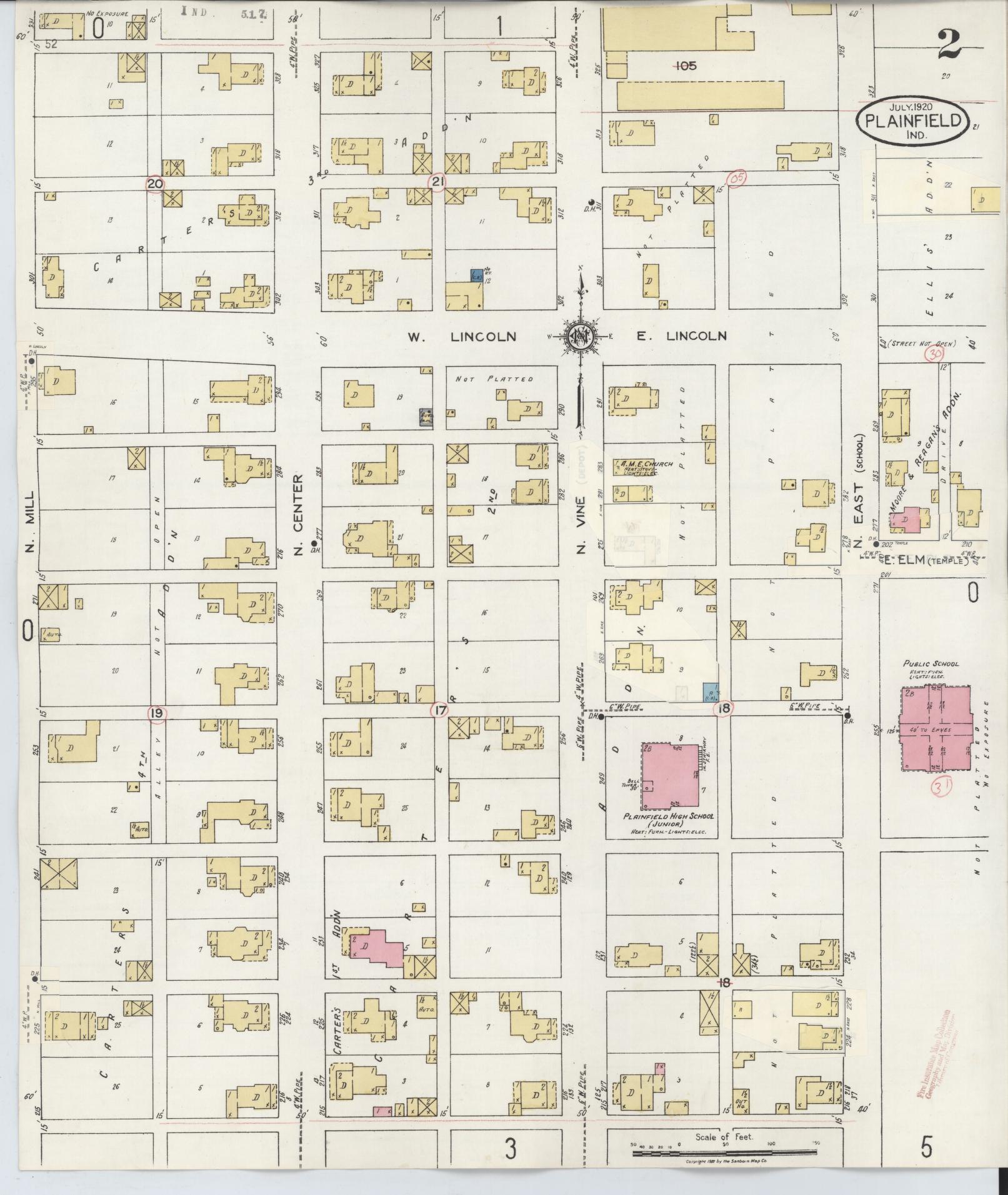 Sanborn Fire Insurance Map from Plainfield, Hendricks County, Indiana (1920), Sheet #0002 - Complete Map Set gallery image, historic Sanborn map, vintage wall art, Indiana Indiana
