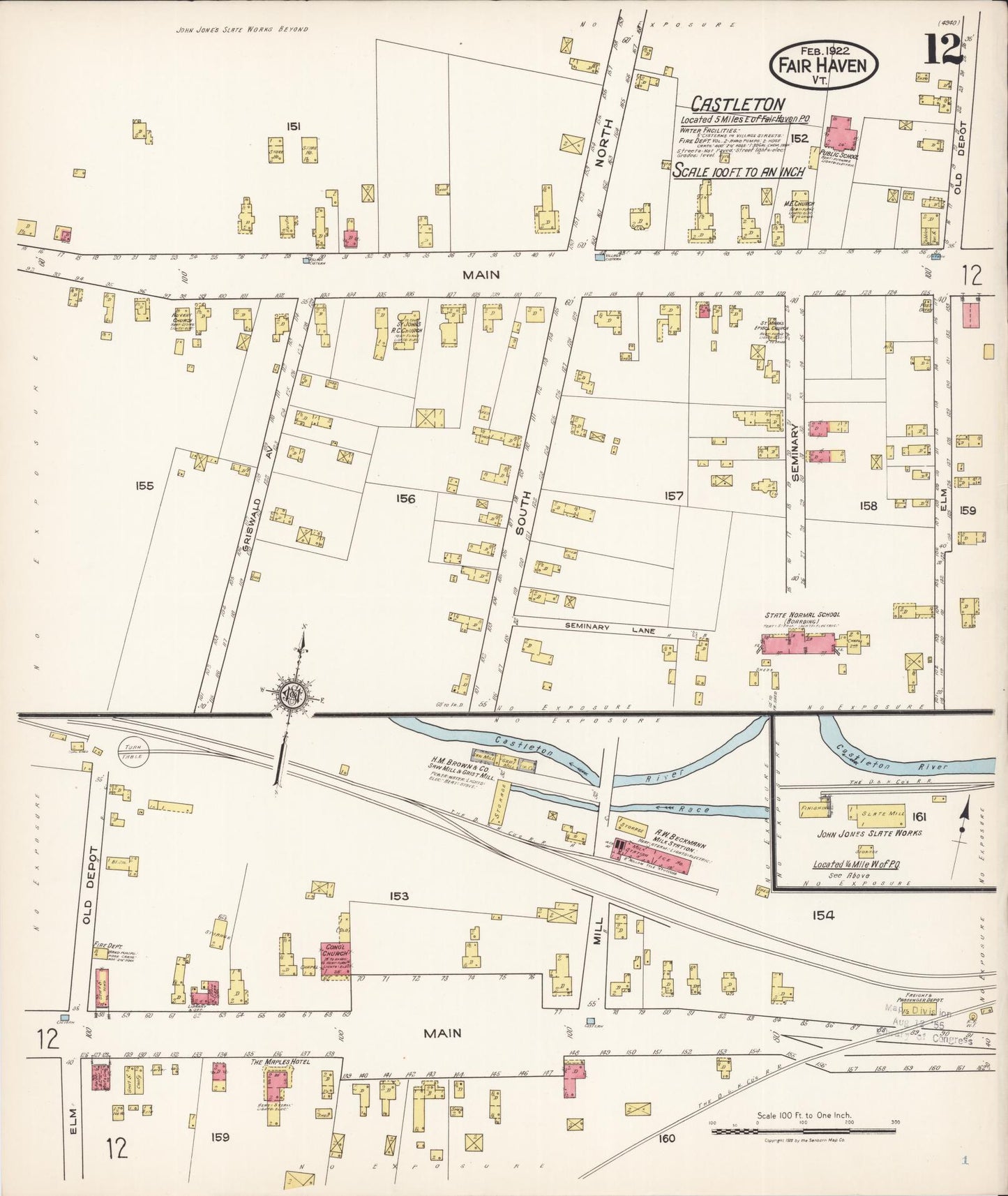 Sanborn Fire Insurance Map from Fair Haven, Rutland County, Vermont (1922), Sheet #0012 - Historic Sanborn Fire Insurance Map Print, vintage old map wall art, antique decor, genealogy gift, Vermont Vermont map